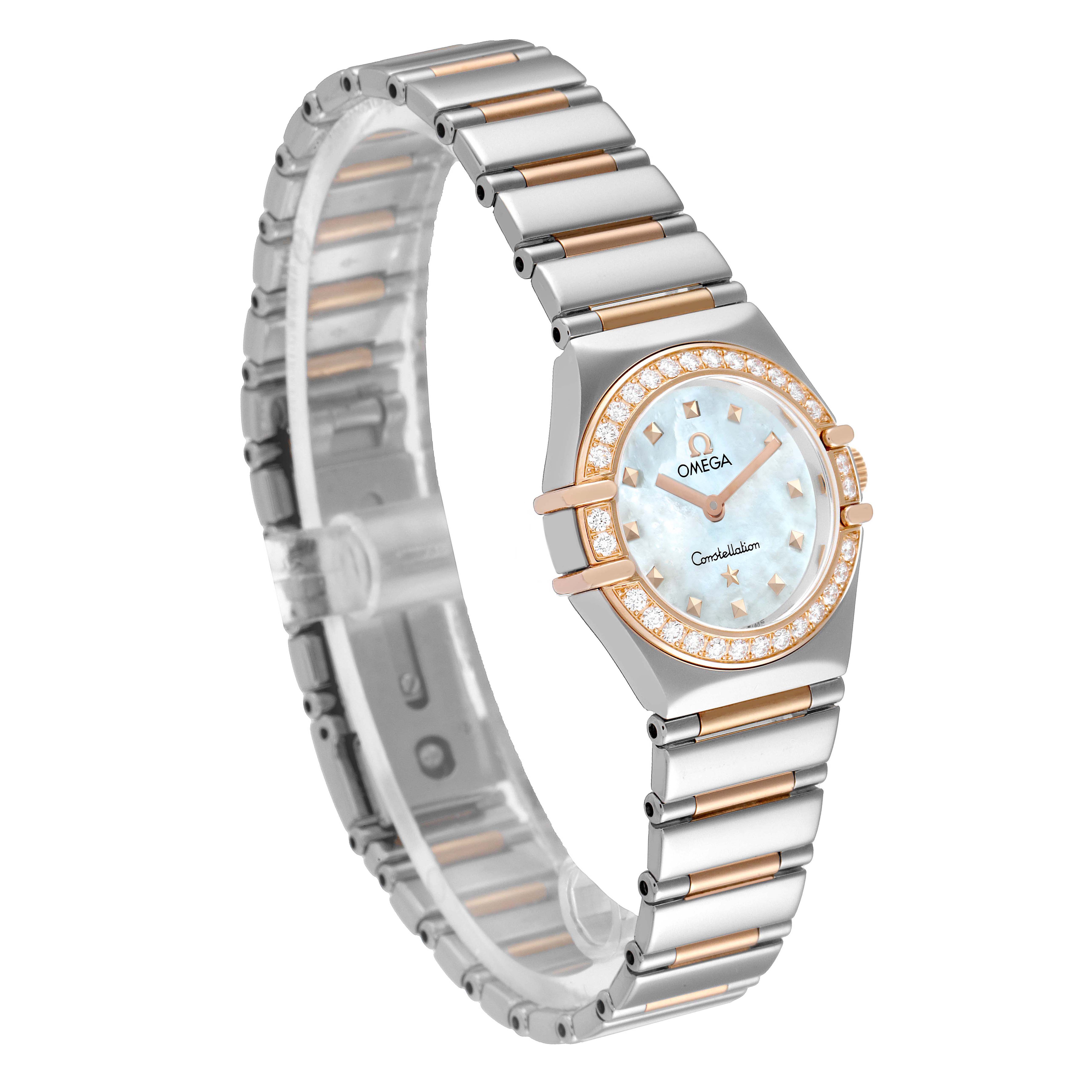 The Omega 1368.71.00 Women's Steel and Gold (two tone) Mother of Pearl Dial 1368.71.00 Women's Steel and Gold (two tone) Mother of Pearl Dial Constellation My Choice Steel Rose Gold Diamond Watch 1368.71.00 is shown at a front angle, highlighting the face, bezel, and bracelet.