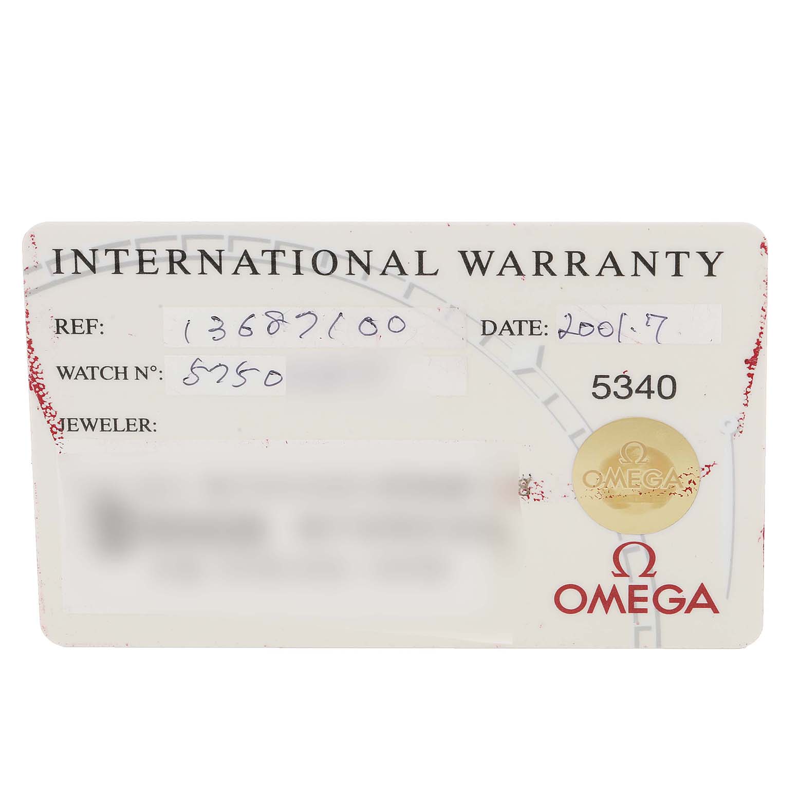 The image shows the International Warranty card for the Omega 1368.71.00 Women's Steel and Gold (two tone) Mother of Pearl Dial 1368.71.00 Women's Steel and Gold (two tone) Mother of Pearl Dial Constellation My Choice Steel Rose Gold Diamond Watch 1368.71.00 model.