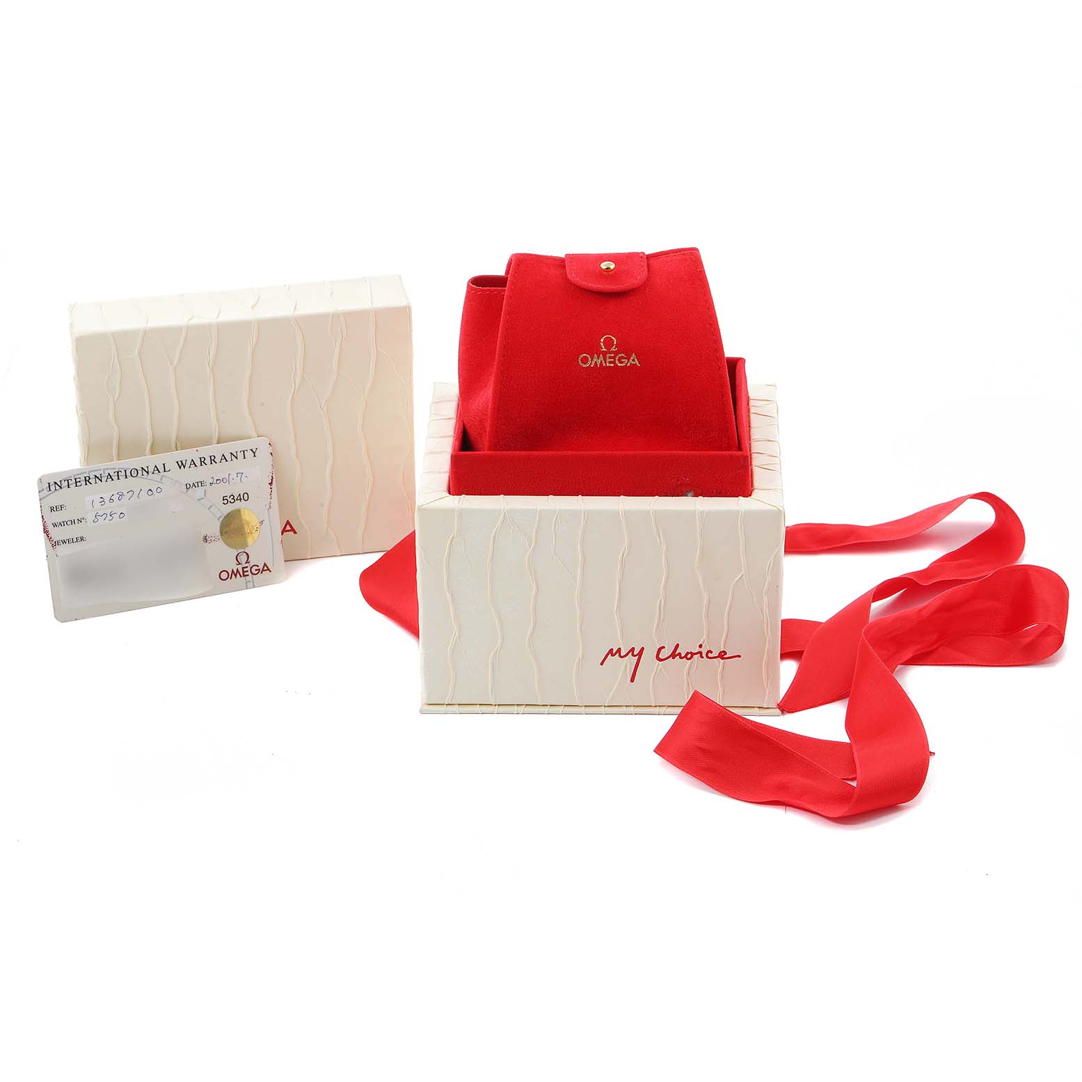 The image shows the box, red pouch, warranty card, and ribbon for the Omega 1368.71.00 Women's Steel and Gold (two tone) Mother of Pearl Dial 1368.71.00 Women's Steel and Gold (two tone) Mother of Pearl Dial Constellation My Choice Steel Rose Gold Diamond Watch 1368.71.00.