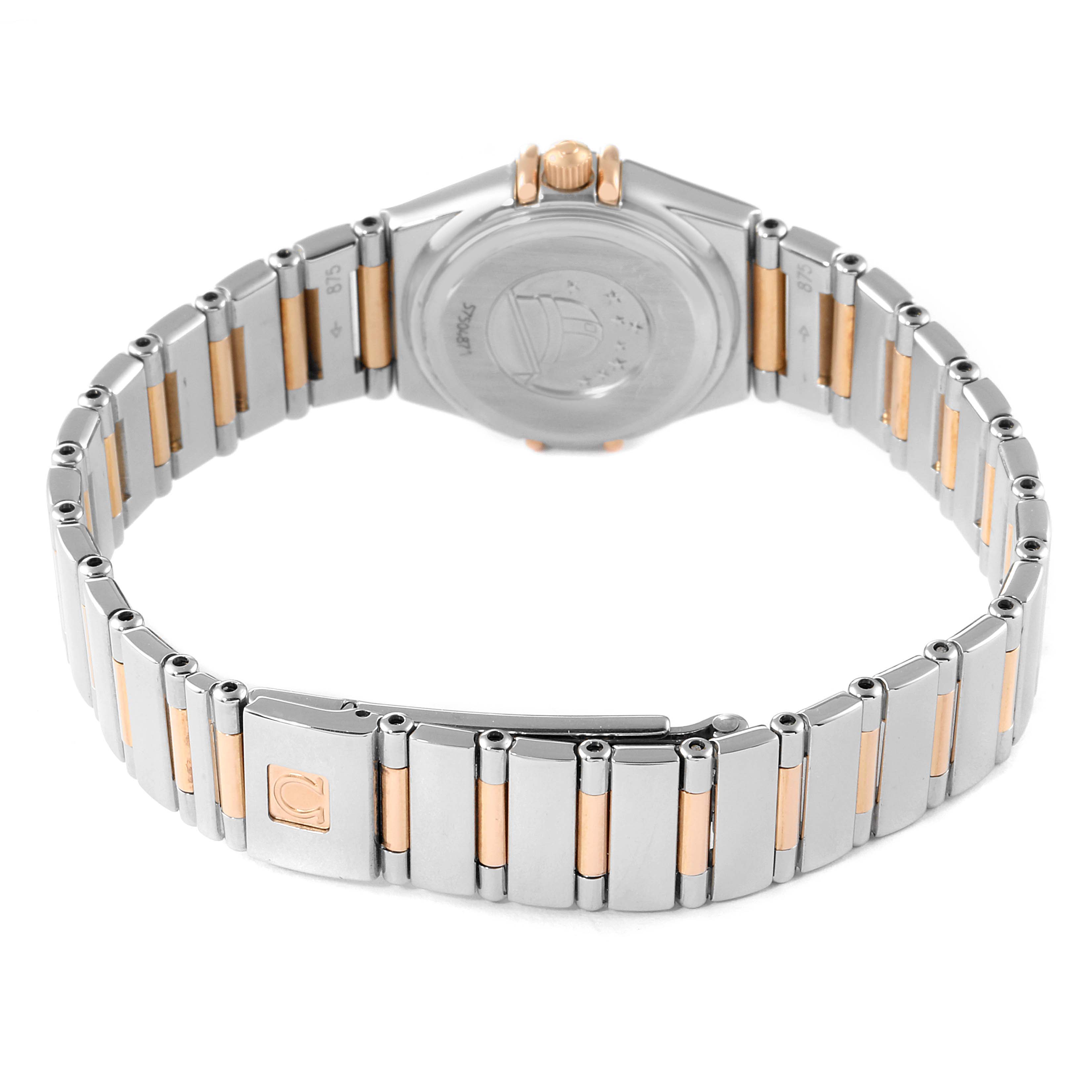 This image shows the back and bracelet of an Omega 1368.71.00 Women's Steel and Gold (two tone) Mother of Pearl Dial 1368.71.00 Women's Steel and Gold (two tone) Mother of Pearl Dial Constellation My Choice Steel Rose Gold Diamond Watch 1368.71.00 Box Card model.