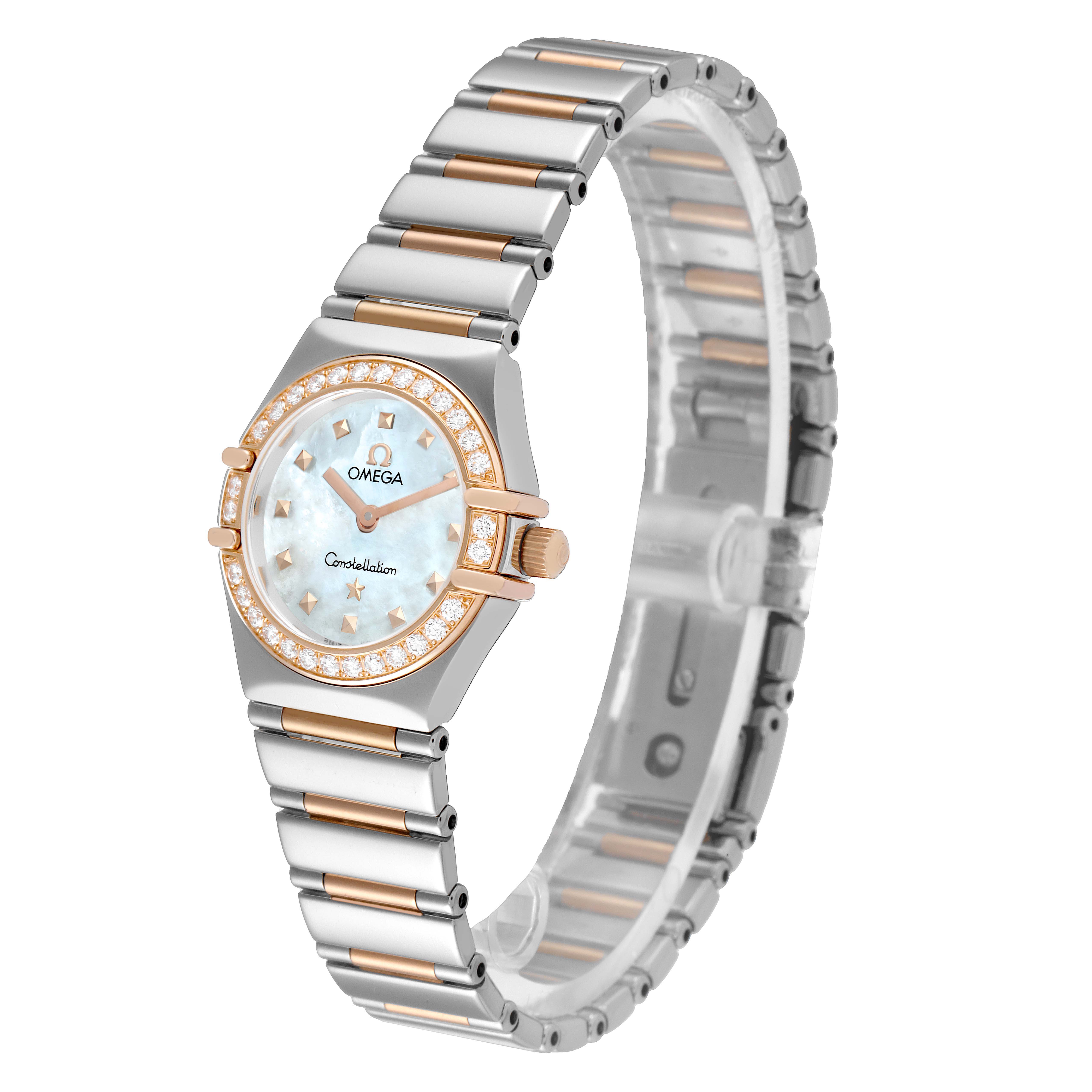 The image shows an angled view of the Omega 1368.71.00 Women's Steel and Gold (two tone) Mother of Pearl Dial 1368.71.00 Women's Steel and Gold (two tone) Mother of Pearl Dial Constellation My Choice Steel Rose Gold Diamond Watch 1368.71.00 displaying its face and bracelet.