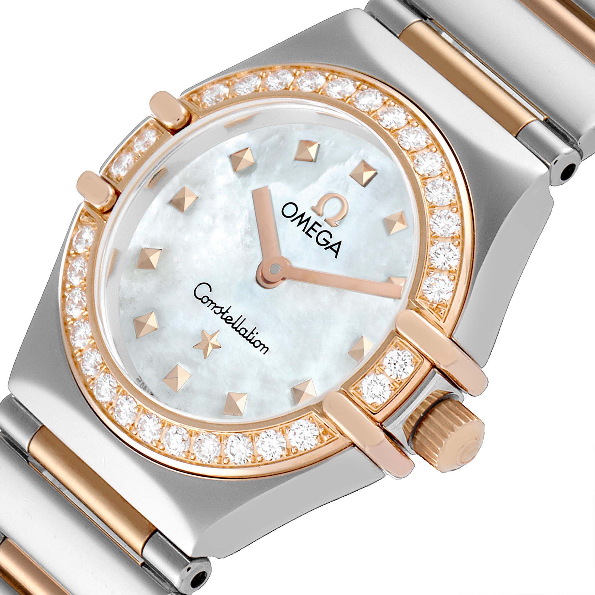 This image shows a close-up of the face and part of the bracelet of an Omega 1368.71.00 Women's Steel and Gold (two tone) Mother of Pearl Dial 1368.71.00 Women's Steel and Gold (two tone) Mother of Pearl Dial Constellation My Choice Steel Rose Gold Diamond Watch 1368.71.00 model.