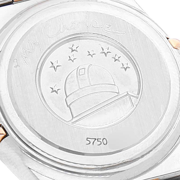 This image shows the back of the Omega 1368.71.00 Women's Steel and Gold (two tone) Mother of Pearl Dial 1368.71.00 Women's Steel and Gold (two tone) Mother of Pearl Dial Constellation My Choice Steel Rose Gold Diamond Watch 1368.71.00 with its engraving.