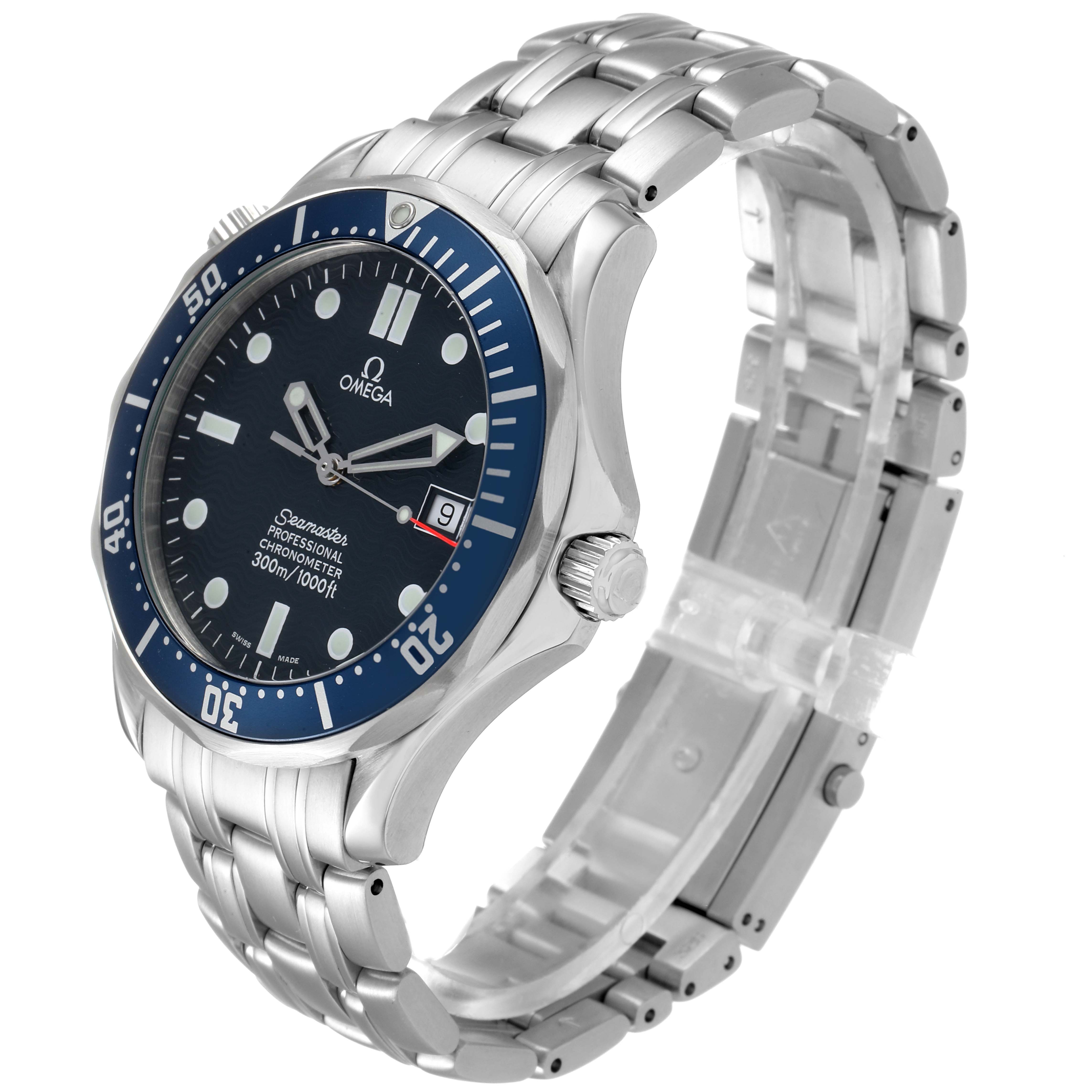 The Omega Seamaster 2531.80.00 Men
s Stainless Steel Blue Dial 2531.80.00 Men
s Stainless Steel Blue Dial watch is shown from an angled side view, displaying its blue bezel, dial, and stainless steel bracelet.