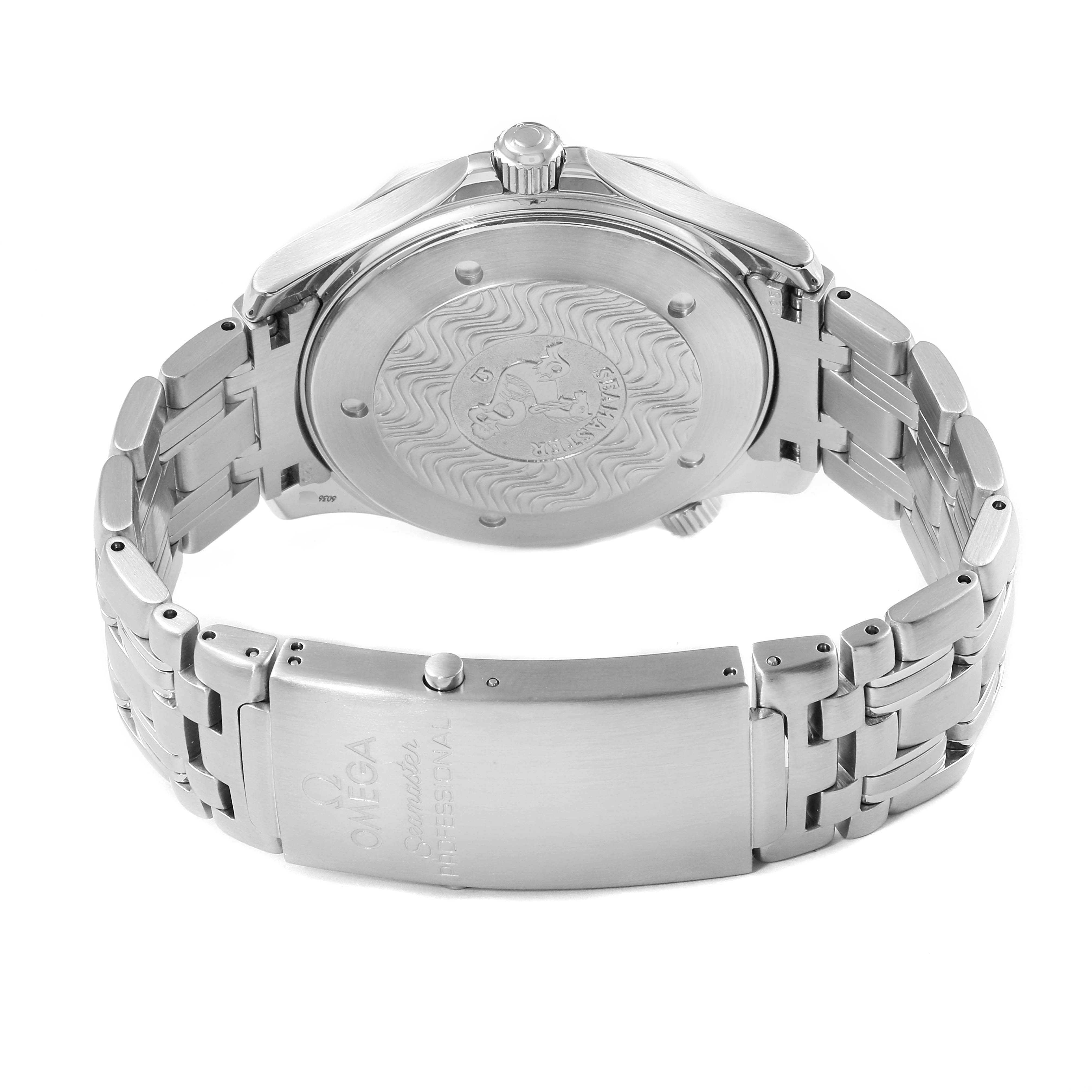 The image shows the Omega Seamaster 2531.80.00 Men
s Stainless Steel Blue Dial 2531.80.00 Men
s Stainless Steel Blue Dial watch from the back, displaying its case back, bracelet, and clasp.