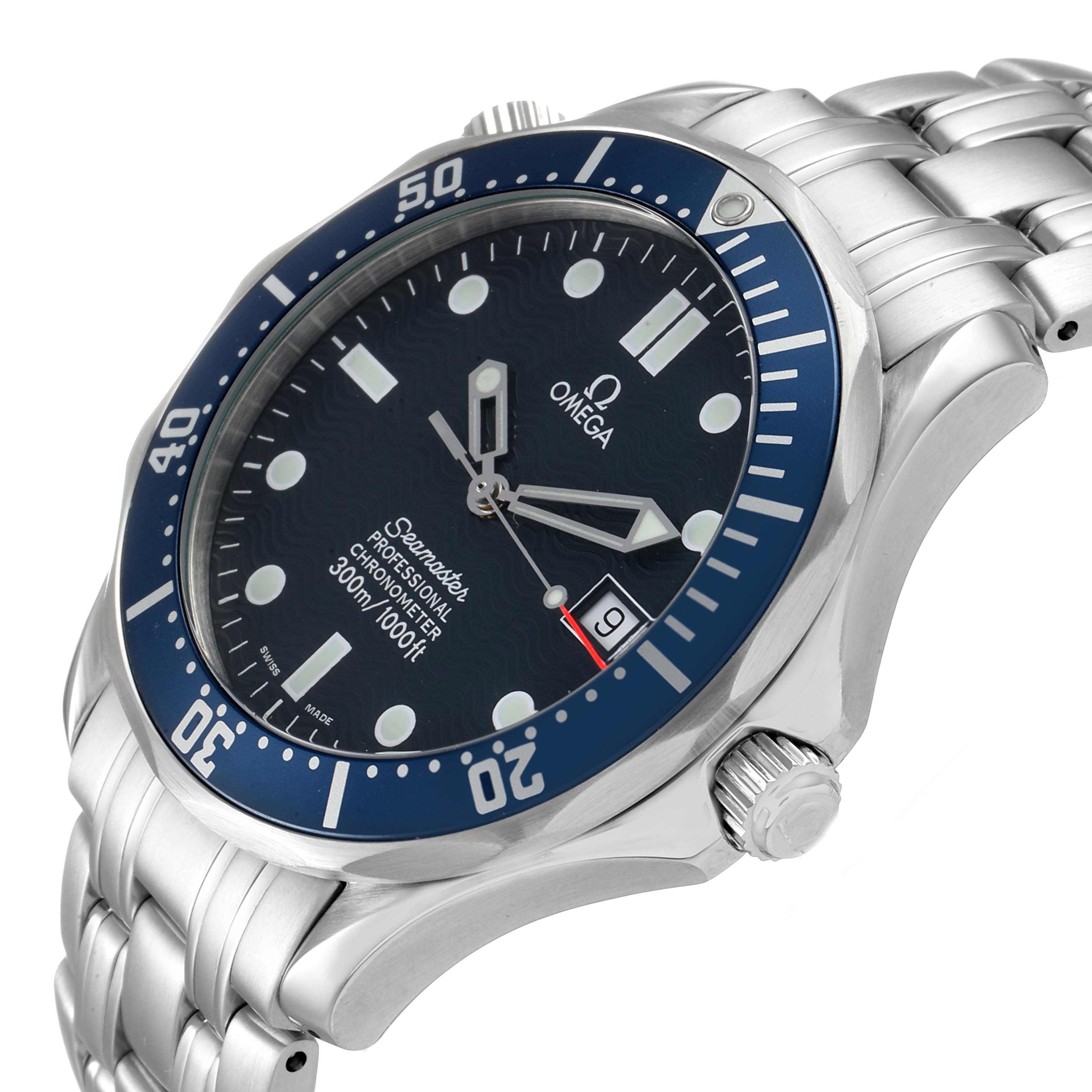 The Omega Seamaster 2531.80.00 Men
s Stainless Steel Blue Dial 2531.80.00 Men
s Stainless Steel Blue Dial watch is shown at a three-quarter angle displaying the dial, bezel, crown, and part of the bracelet.