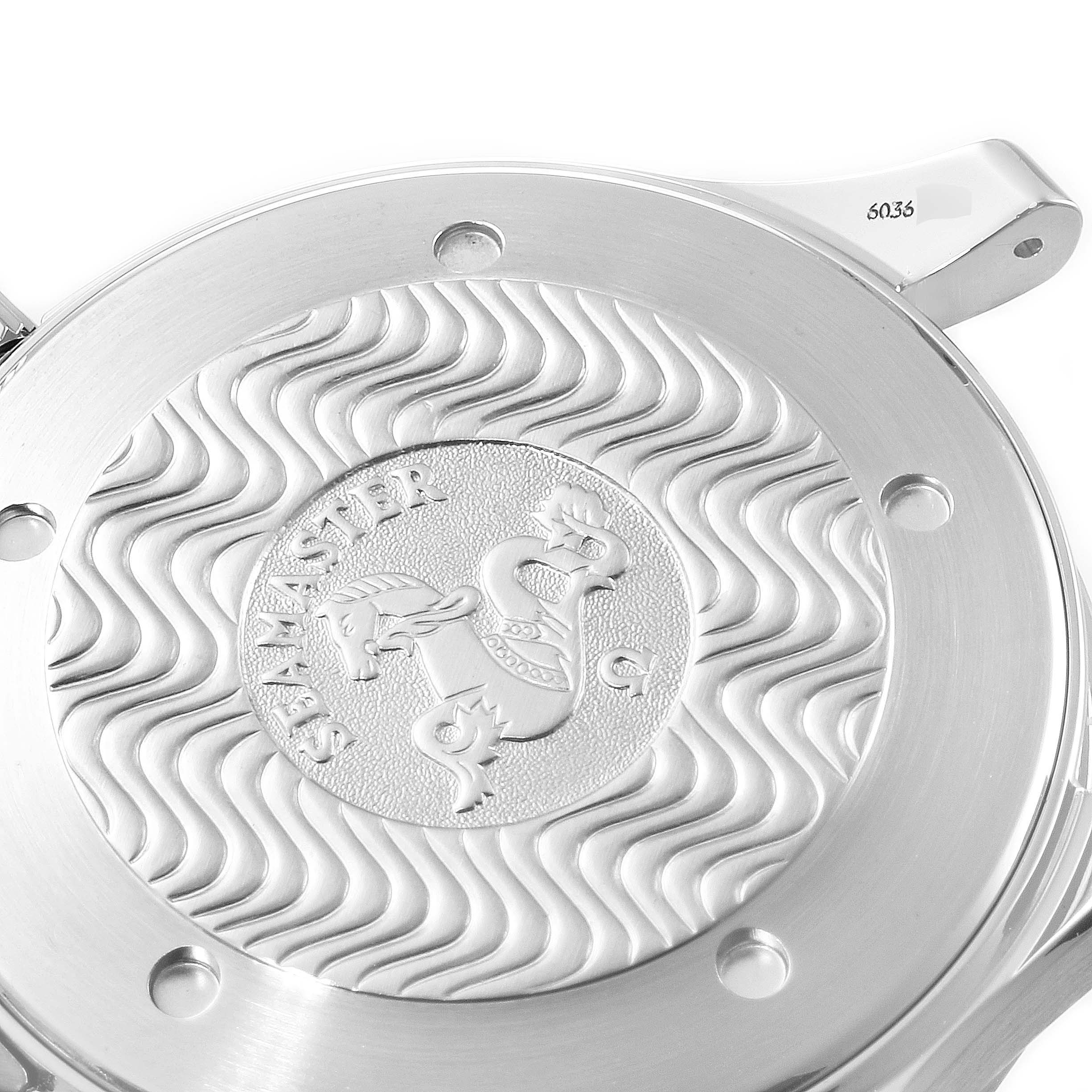 This image shows the case back of an Omega Seamaster 2531.80.00 Men
s Stainless Steel Blue Dial 2531.80.00 Men
s Stainless Steel Blue Dial watch, featuring the iconic Seahorse logo and wave pattern.