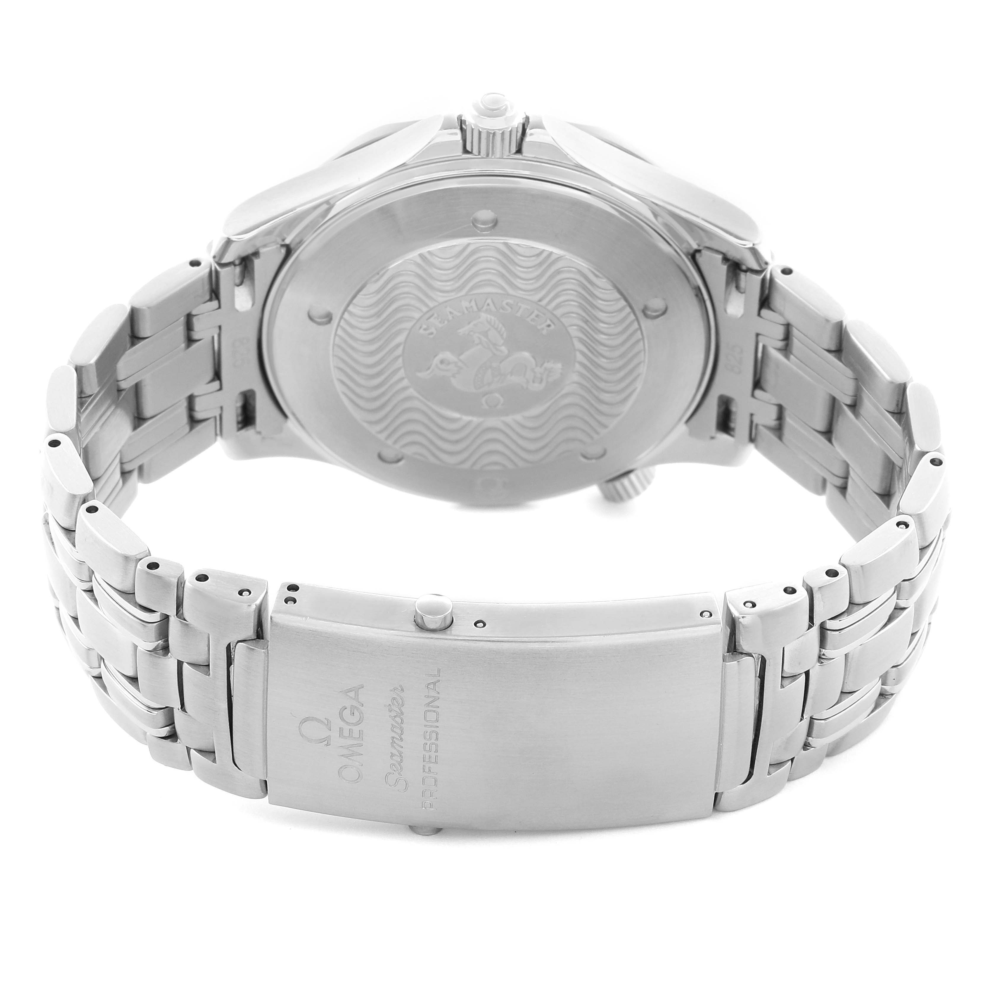 The image shows the back view of an Omega Seamaster 2541.80.00 Men's Stainless Steel Blue Dial 2541.80.00 Men's Stainless Steel Blue Dial, highlighting the case back and bracelet clasp.