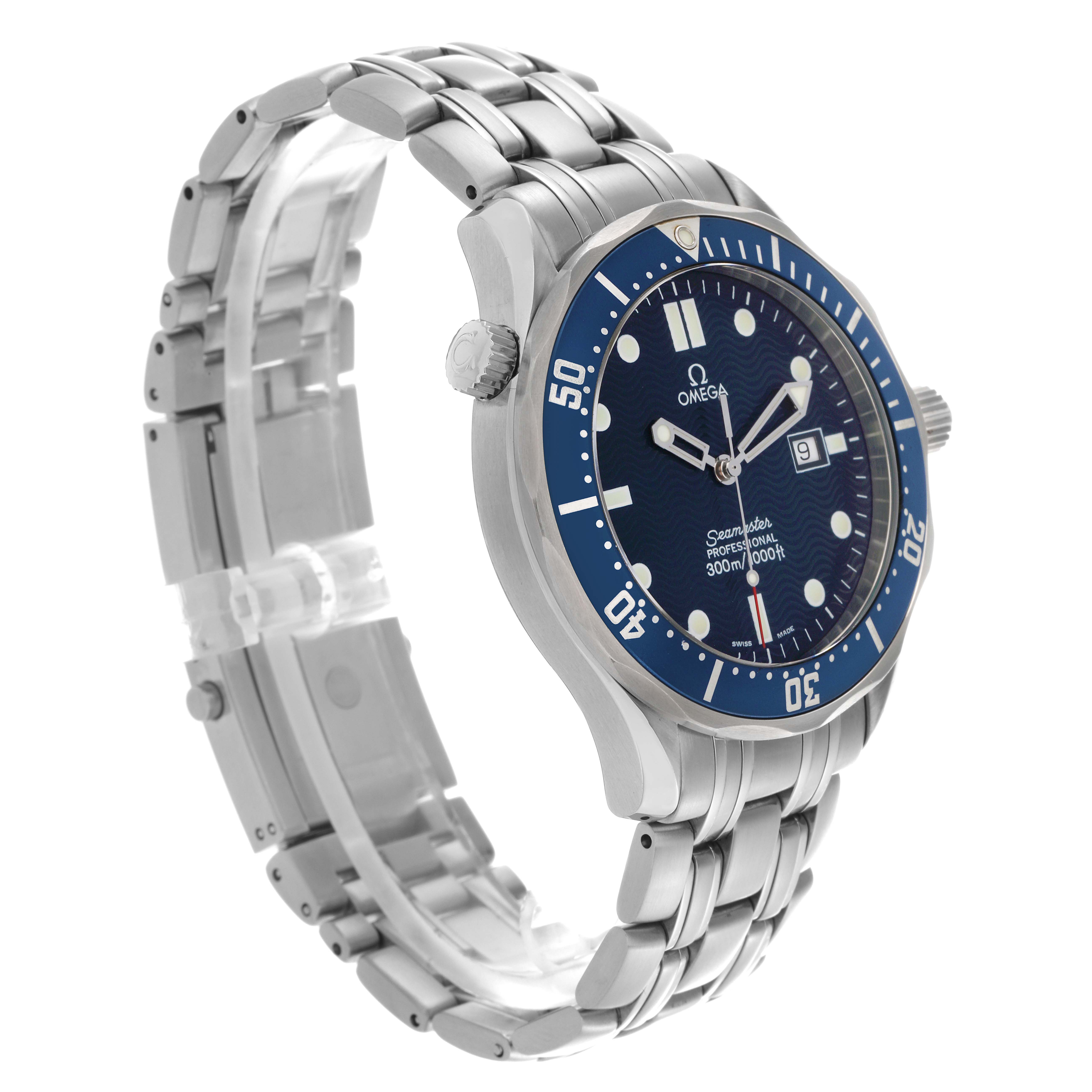 The Omega Seamaster 2541.80.00 Men's Stainless Steel Blue Dial 2541.80.00 Men's Stainless Steel Blue Dial watch is shown at an angled side view, highlighting the bezel, blue dial, crown, and metal bracelet.