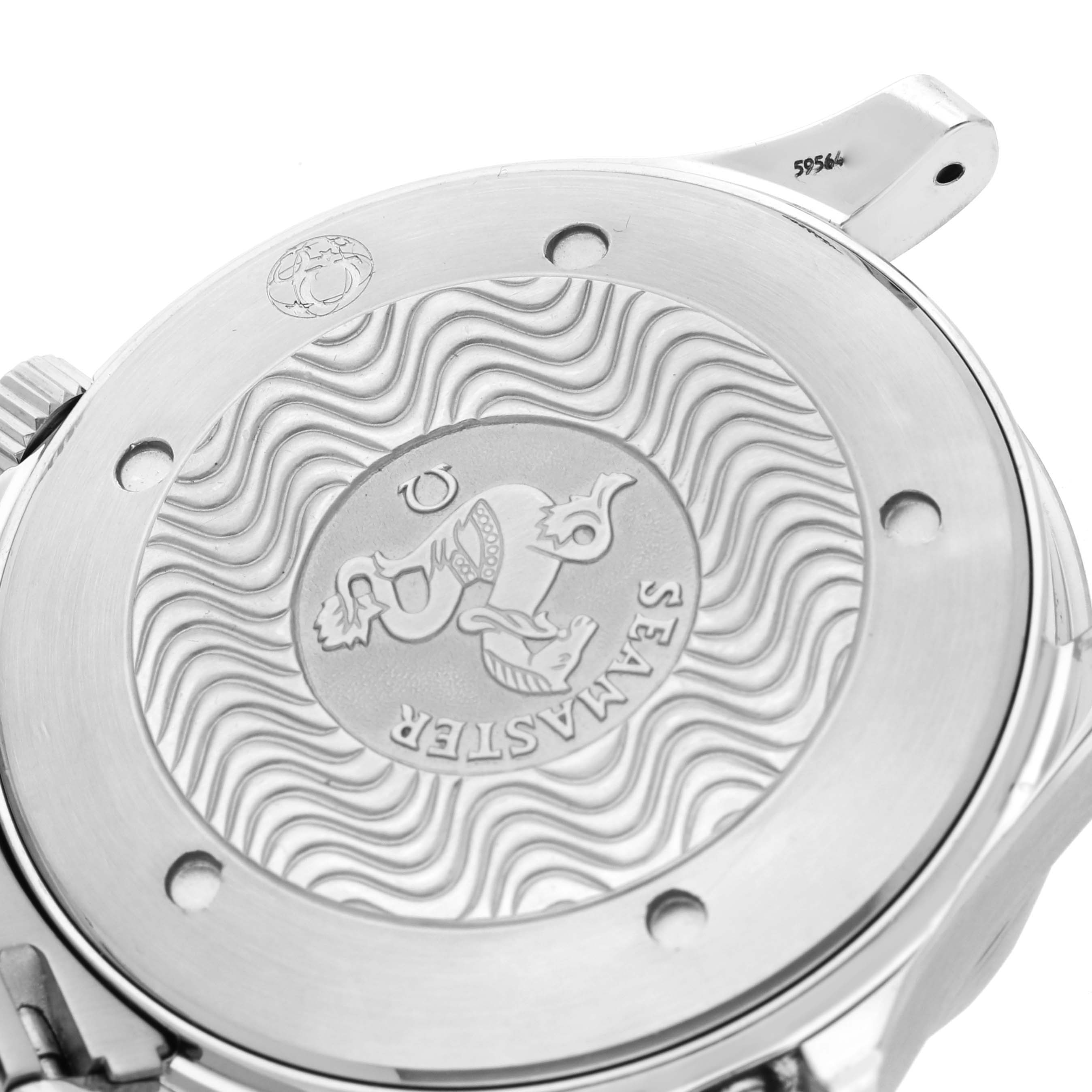 The image shows the back case of an Omega Seamaster 2541.80.00 Men's Stainless Steel Blue Dial 2541.80.00 Men's Stainless Steel Blue Dial watch with engraving details and wave patterns.