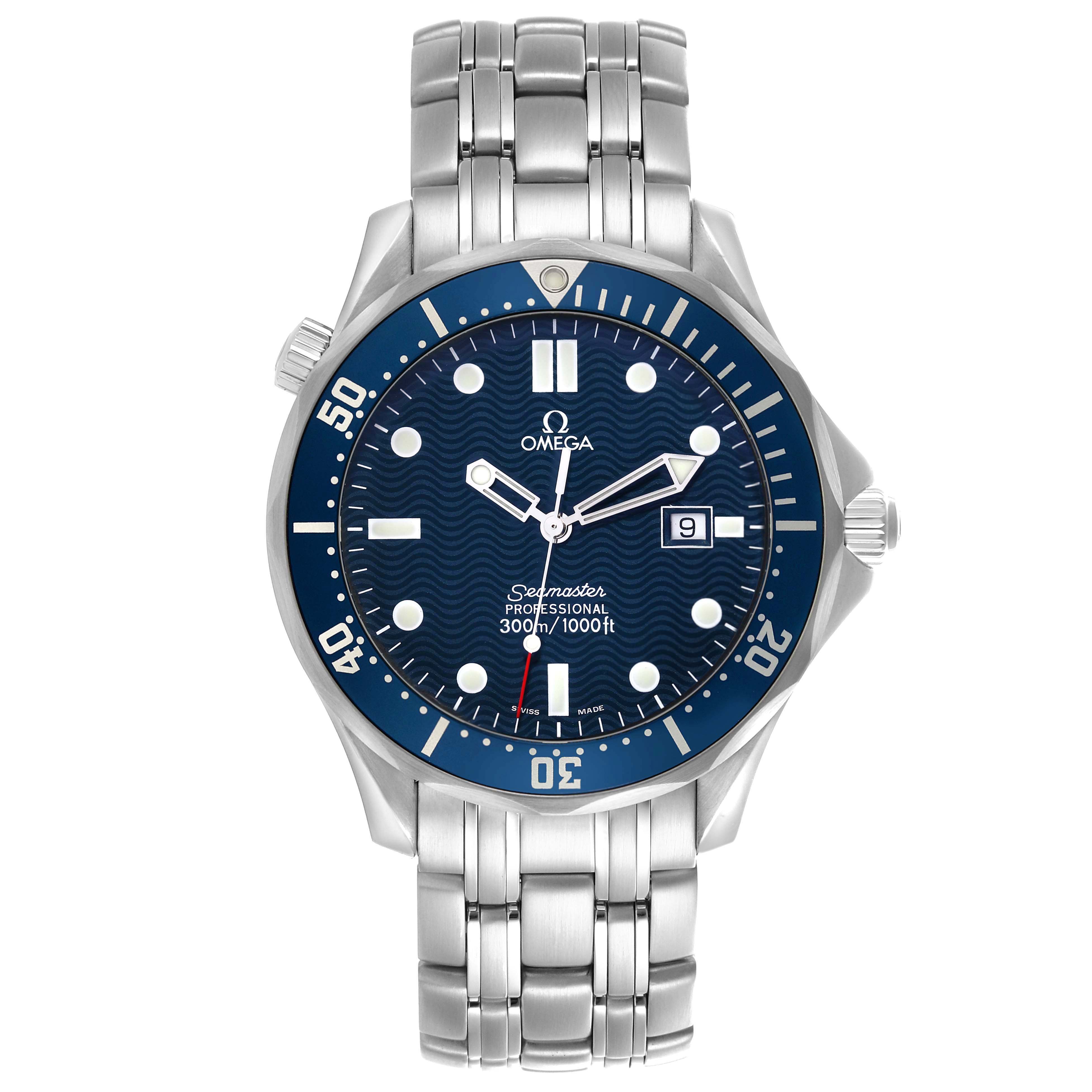 The Omega Seamaster 2541.80.00 Men's Stainless Steel Blue Dial 2541.80.00 Men's Stainless Steel Blue Dial watch is shown from the front, displaying the dial, bezel, and stainless steel bracelet.