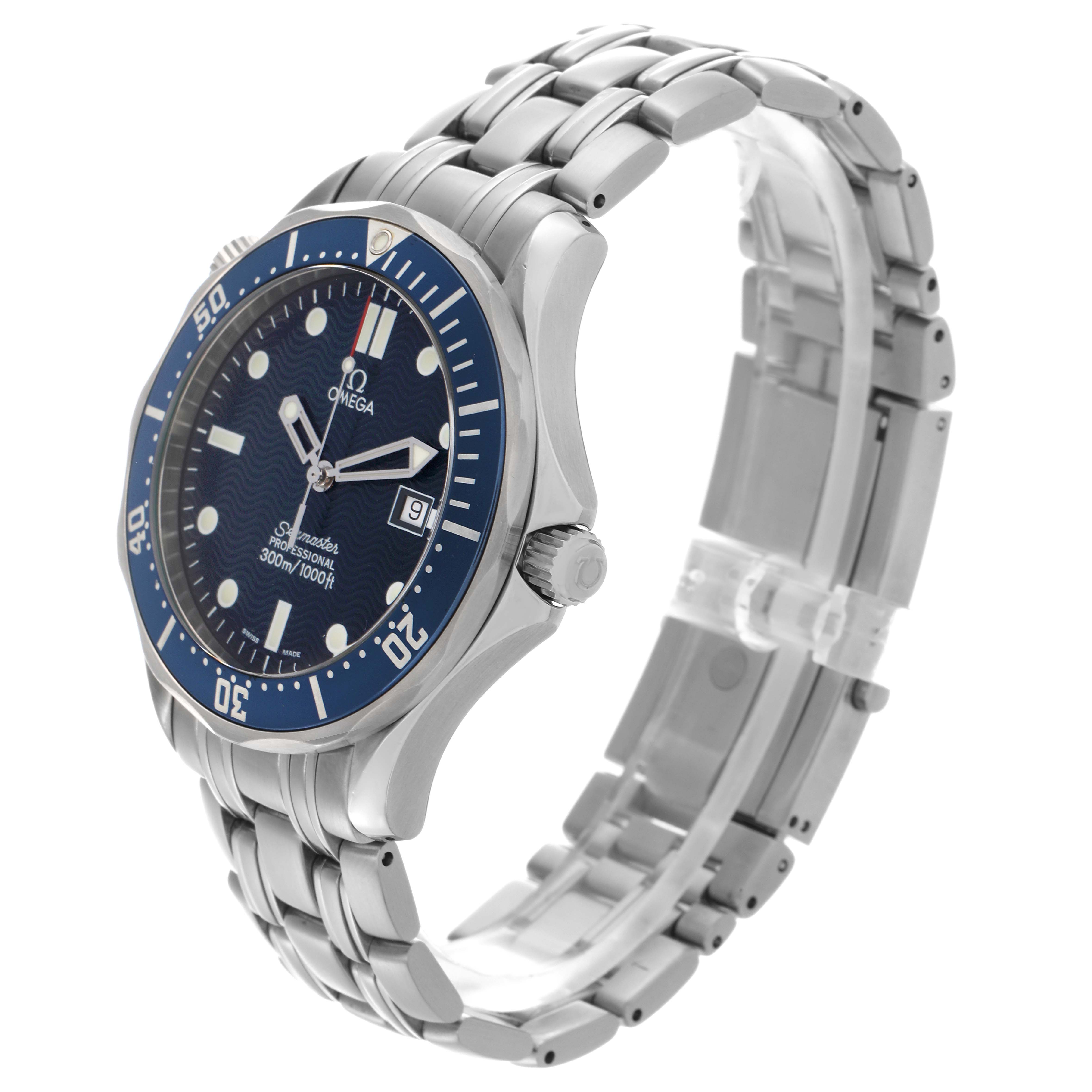 The Omega Seamaster 2541.80.00 Men's Stainless Steel Blue Dial 2541.80.00 Men's Stainless Steel Blue Dial watch is shown at a three-quarter angle, highlighting the face, bezel, and stainless steel bracelet.