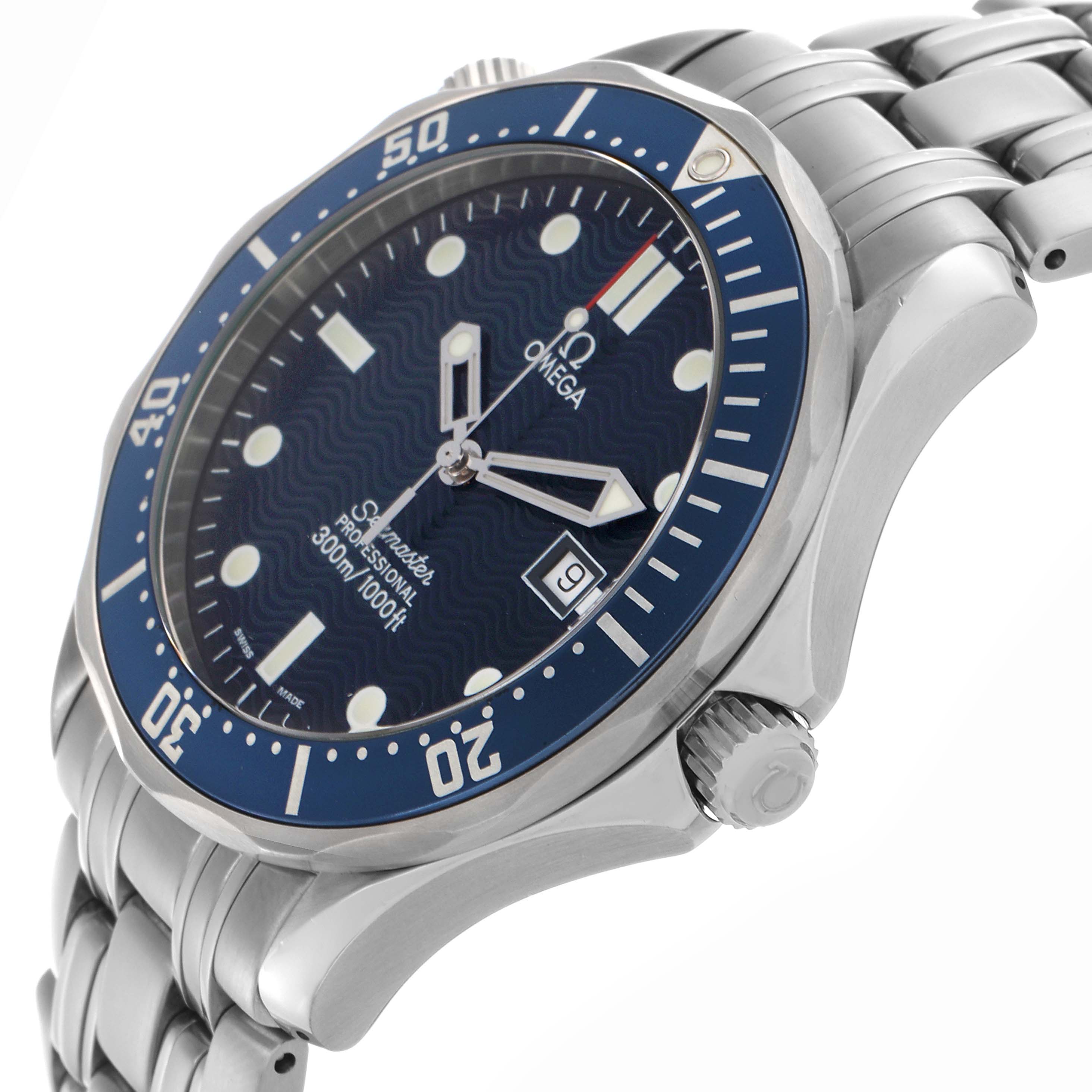 The Omega Seamaster 2541.80.00 Men's Stainless Steel Blue Dial 2541.80.00 Men's Stainless Steel Blue Dial watch is shown at an angled side view, highlighting the dial, bezel, crown, and bracelet.