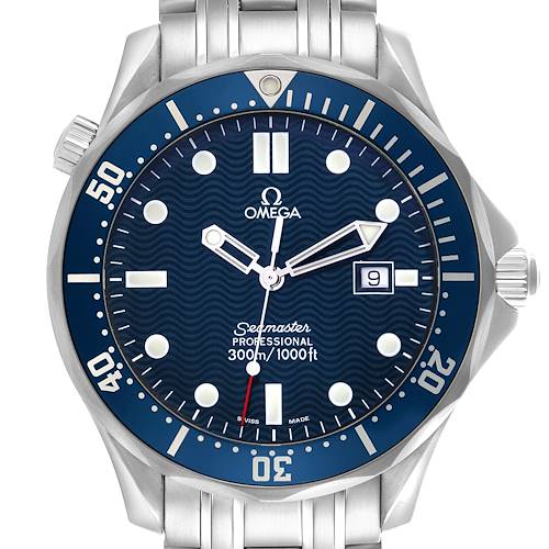 The Omega Seamaster is shown from a top view, highlighting the face, bezel, crown, and part of the bracelet.