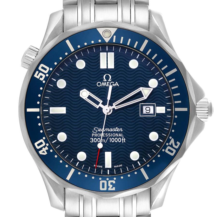 The Omega Seamaster watch is shown from a front angle, highlighting its blue dial, bezel, indices, and part of the bracelet.