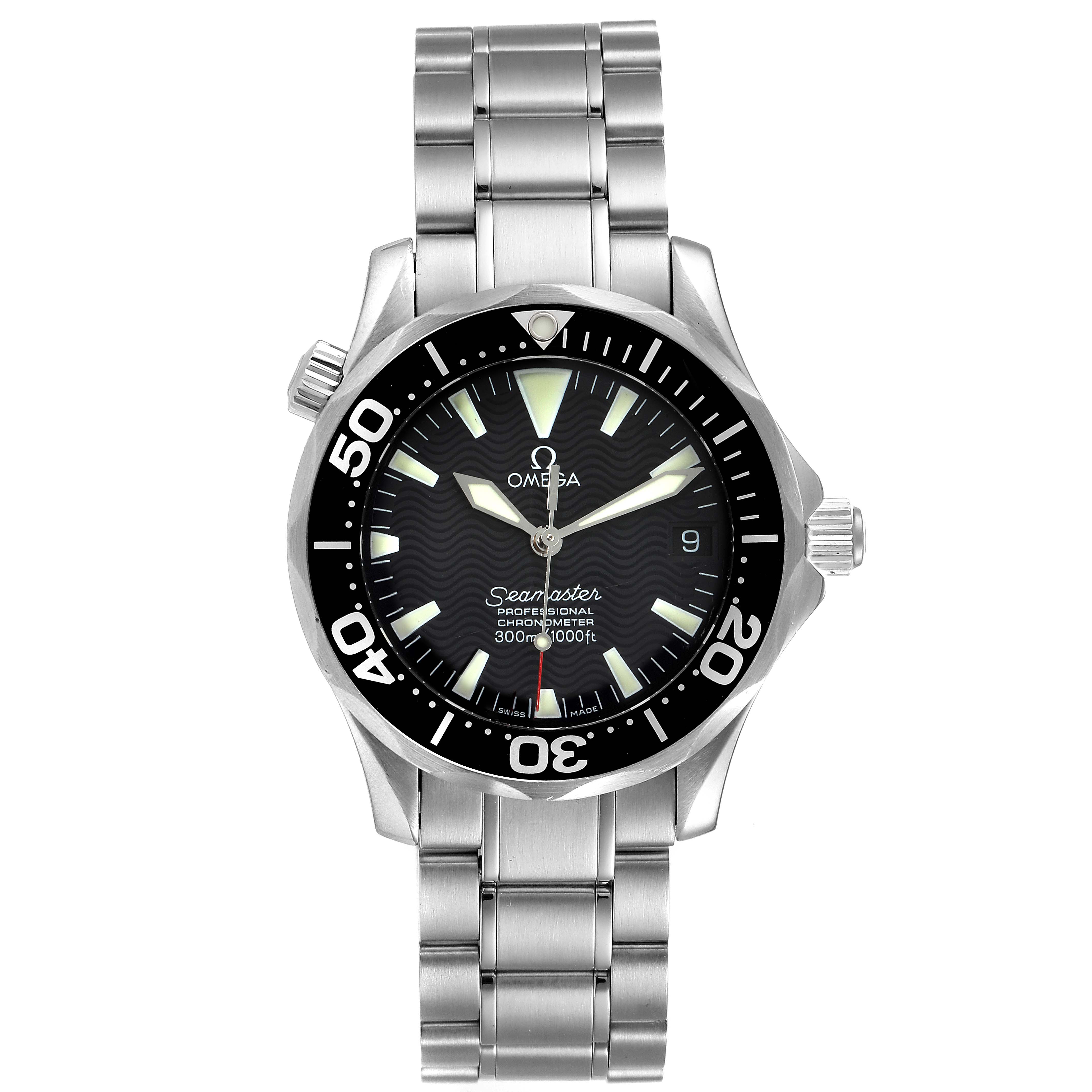 This image shows a front view of the Omega Seamaster 2252.50.00 Men
s Stainless Steel Black Dial 2252.50.00 Men
s Stainless Steel Black Dial watch, including the dial, bezel, hands, and metal bracelet.