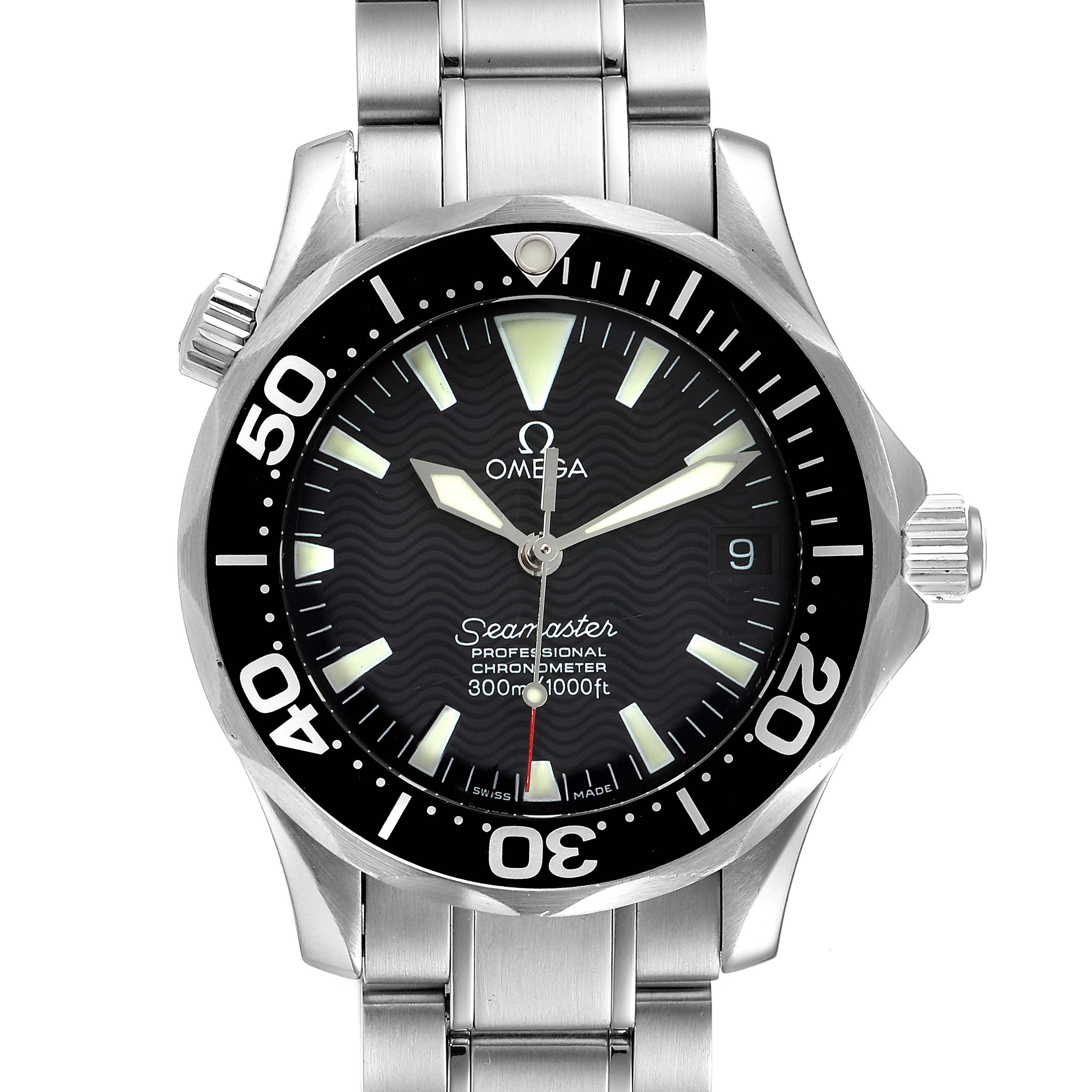 The image shows a front view of the Omega Seamaster 2252.50.00 Men
s Stainless Steel Black Dial 2252.50.00 Men
s Stainless Steel Black Dial watch, displaying the bezel, dial, hands, and bracelet.