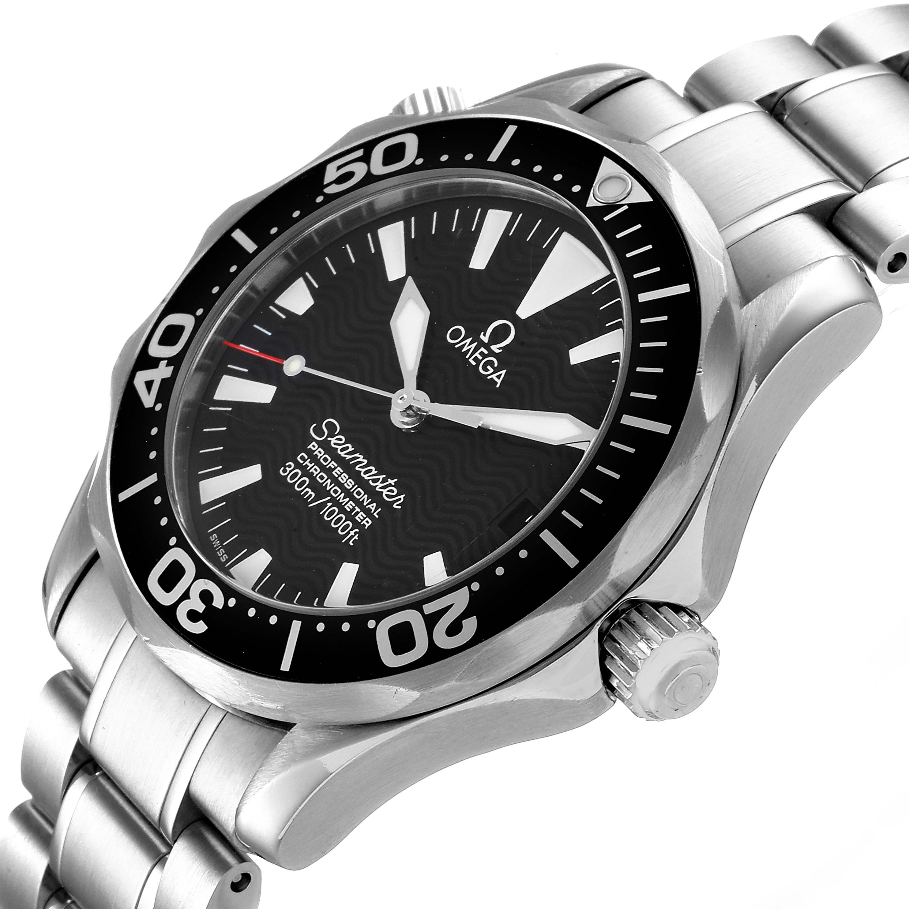This image shows a side-angle view of the Omega Seamaster 2252.50.00 Men
s Stainless Steel Black Dial 2252.50.00 Men
s Stainless Steel Black Dial watch, highlighting the dial, bezel, case, and part of the bracelet.