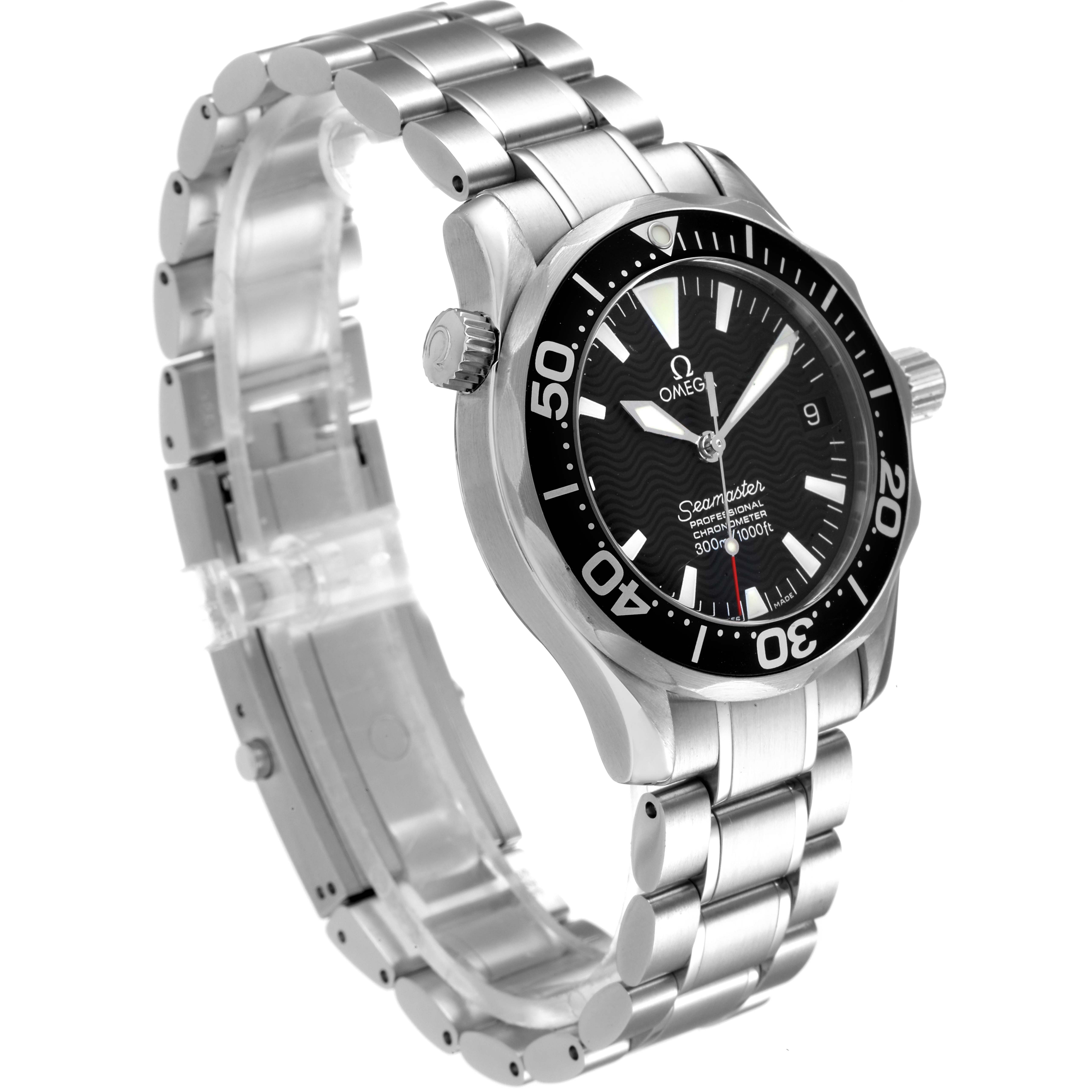The Omega Seamaster 2252.50.00 Men
s Stainless Steel Black Dial 2252.50.00 Men
s Stainless Steel Black Dial watch is shown at a three-quarter angle, displaying its face, bezel, bracelet, and crown.