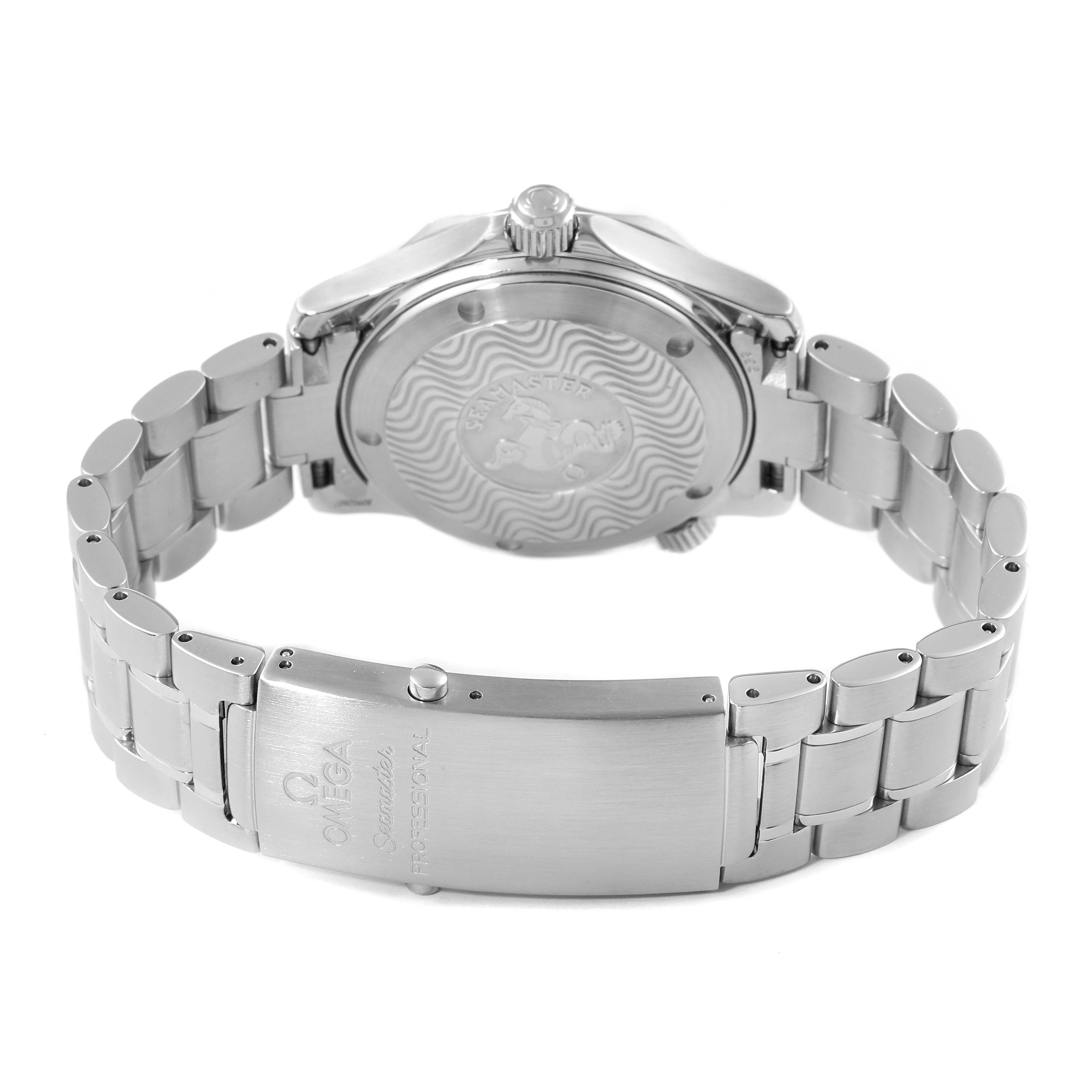 The image shows the back case and clasp of an Omega Seamaster 2252.50.00 Men
s Stainless Steel Black Dial 2252.50.00 Men
s Stainless Steel Black Dial watch, highlighting the bracelet and engraved details.