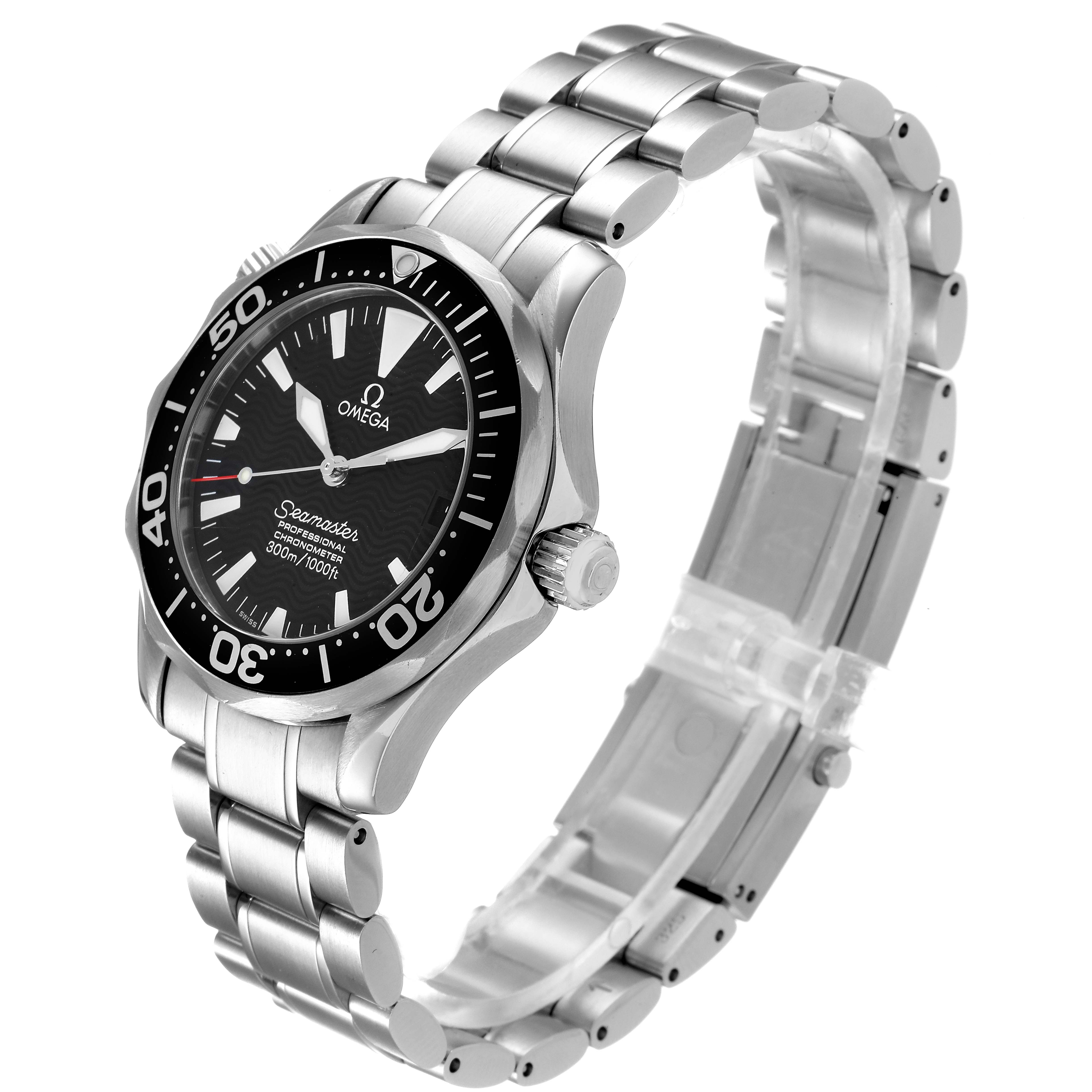 The image shows an angled side view of an Omega Seamaster 2252.50.00 Men
s Stainless Steel Black Dial 2252.50.00 Men
s Stainless Steel Black Dial watch, highlighting the dial, bezel, and metal bracelet.