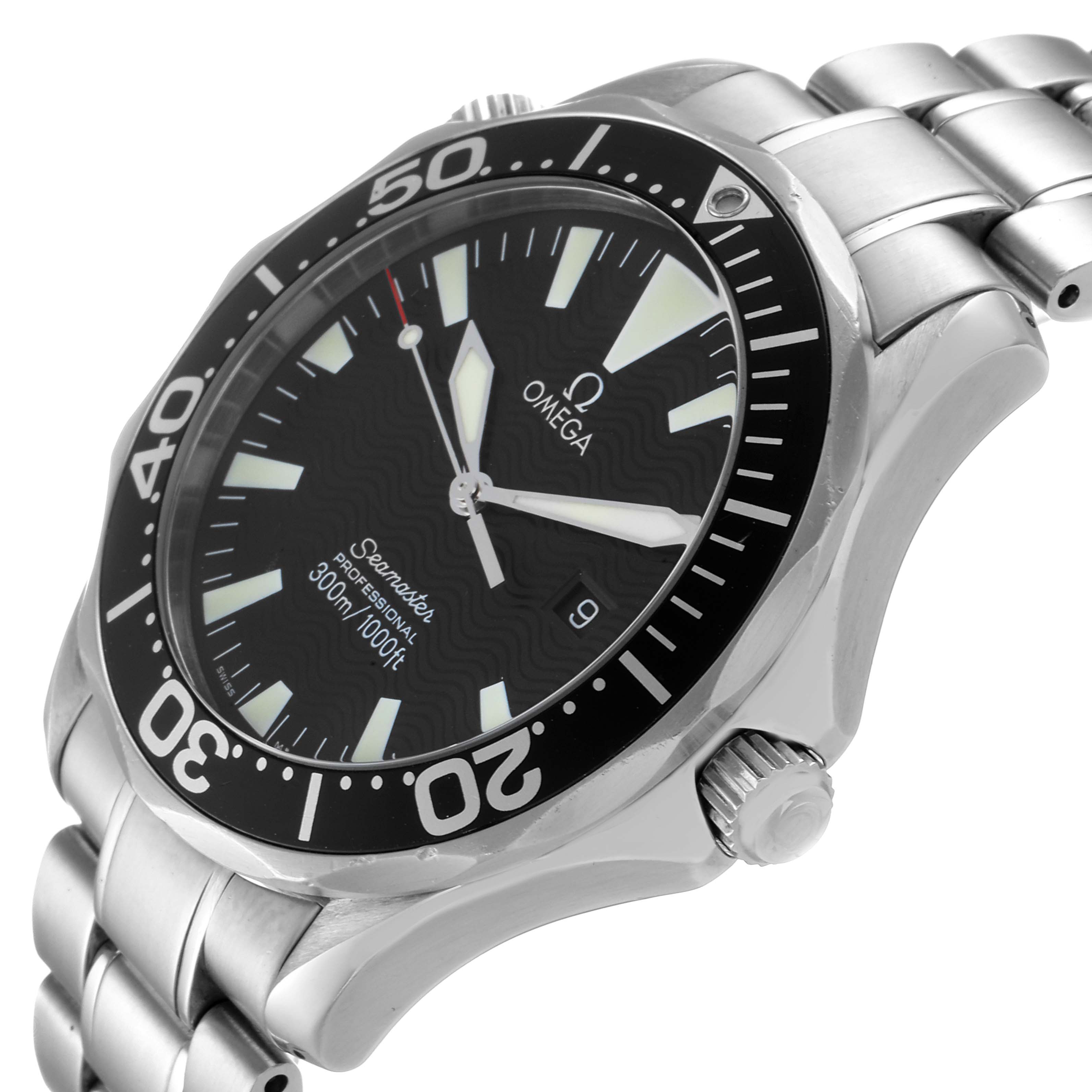 The image shows a side angle of the Omega Seamaster 2264.50.00 Men
s Stainless Steel Black Dial 2264.50.00 Men
s Stainless Steel Black Dial watch, highlighting the face, bezel, crown, and part of the metal bracelet.
