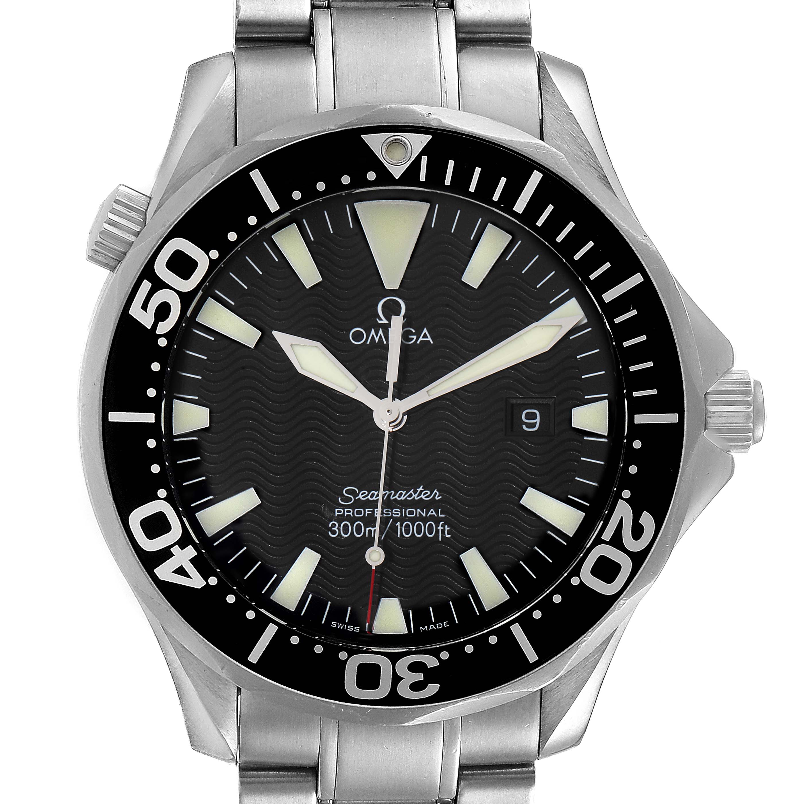 The image shows a front view of an Omega Seamaster 2264.50.00 Men
s Stainless Steel Black Dial 2264.50.00 Men
s Stainless Steel Black Dial watch, displaying its dial, hands, bezel, and part of its bracelet.