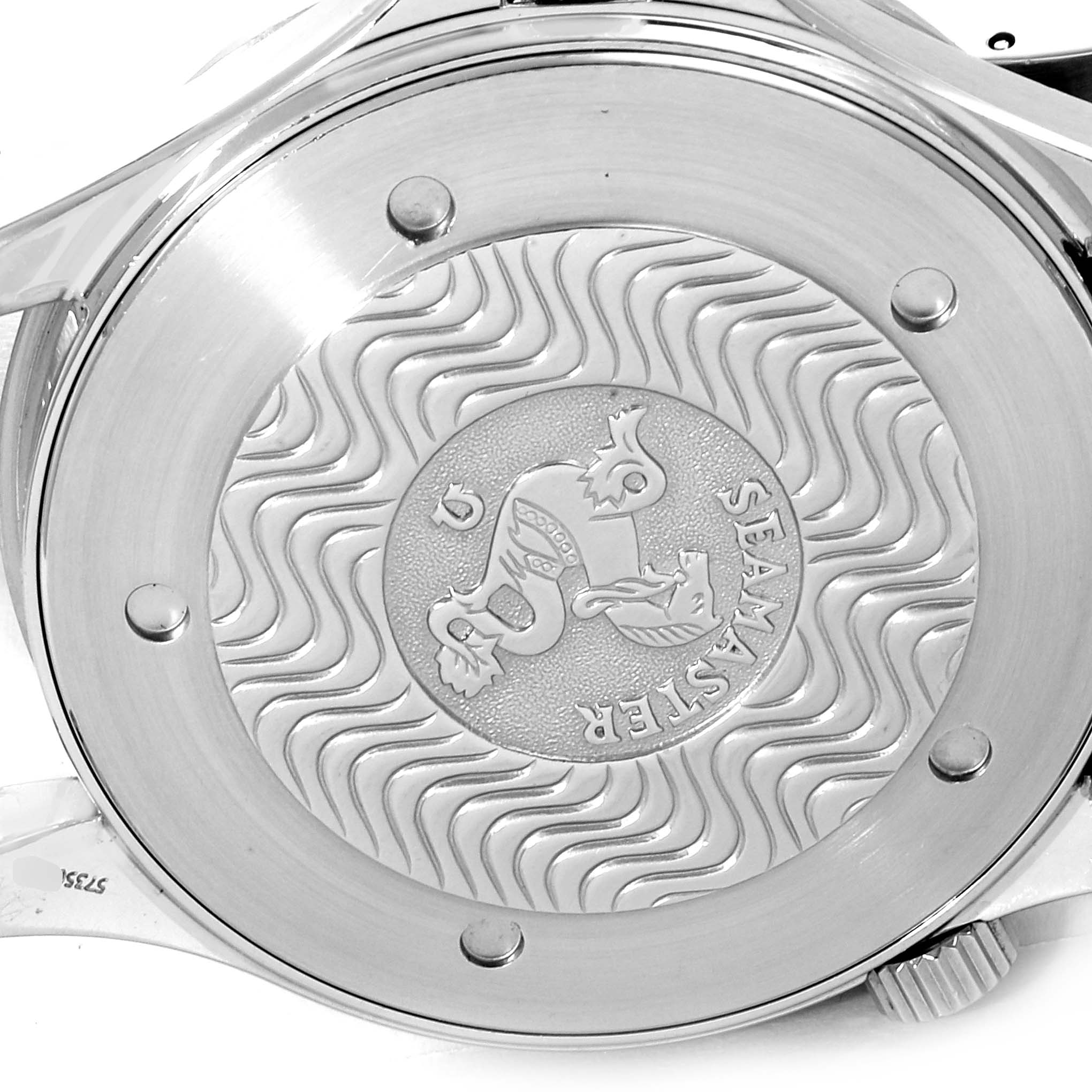 This image shows the case back of an Omega Seamaster 2264.50.00 Men
s Stainless Steel Black Dial 2264.50.00 Men
s Stainless Steel Black Dial watch, featuring an engraved design and the model name.