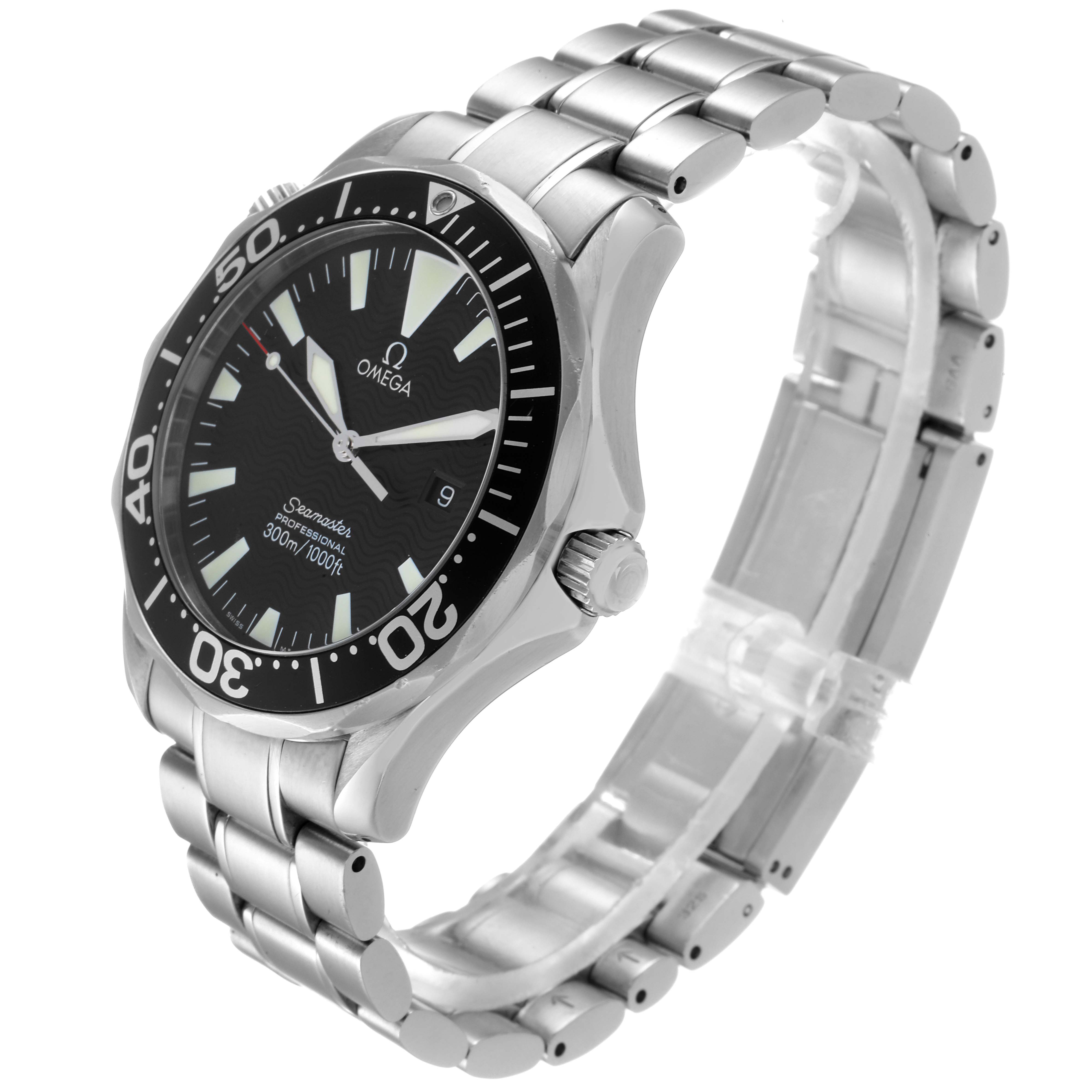 The image shows an angled view of an Omega Seamaster 2264.50.00 Men
s Stainless Steel Black Dial 2264.50.00 Men
s Stainless Steel Black Dial watch, highlighting the face, bezel, and stainless steel bracelet.