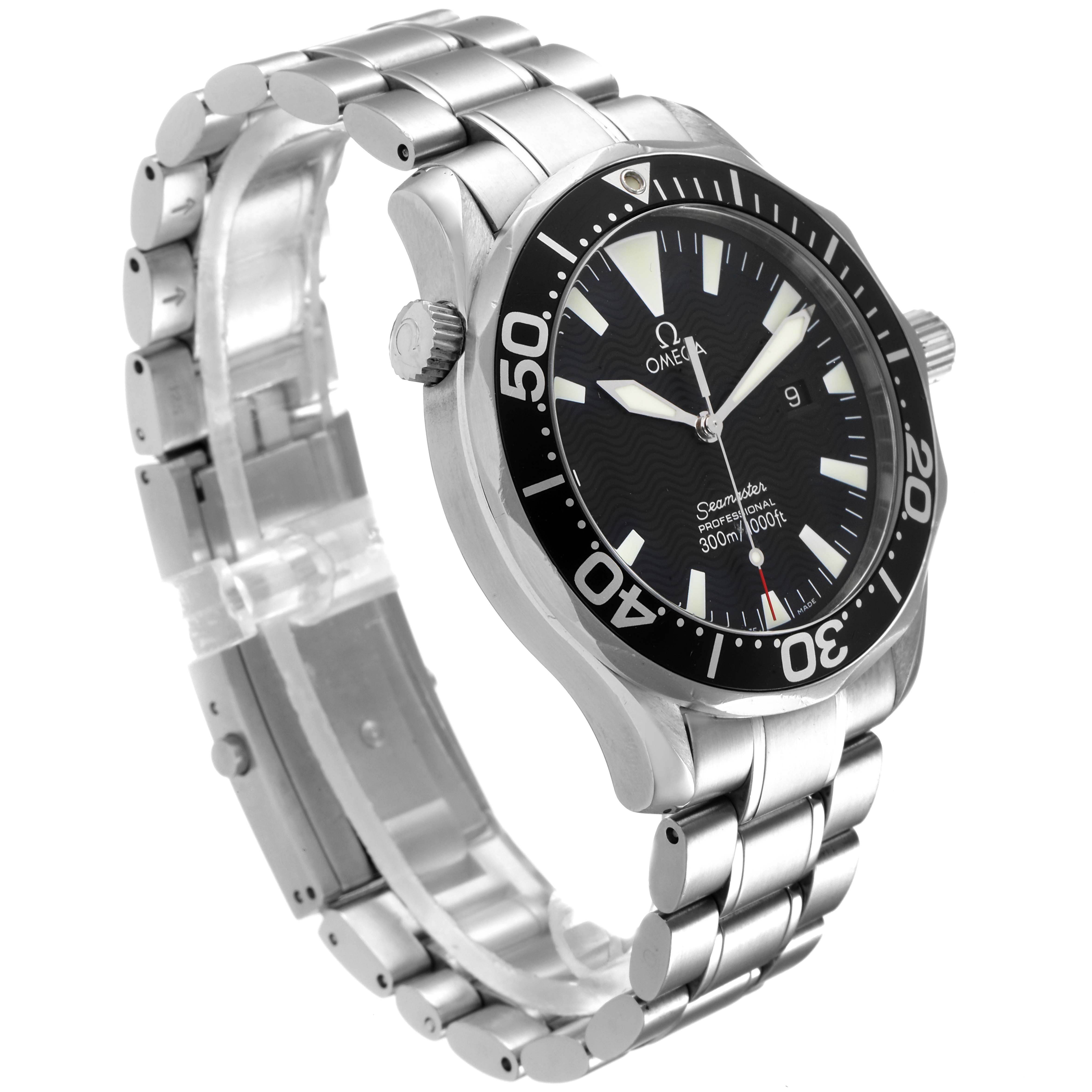 The angled view shows the face, bezel, crown, and stainless steel bracelet of the Omega Seamaster 2264.50.00 Men
s Stainless Steel Black Dial 2264.50.00 Men
s Stainless Steel Black Dial watch.
