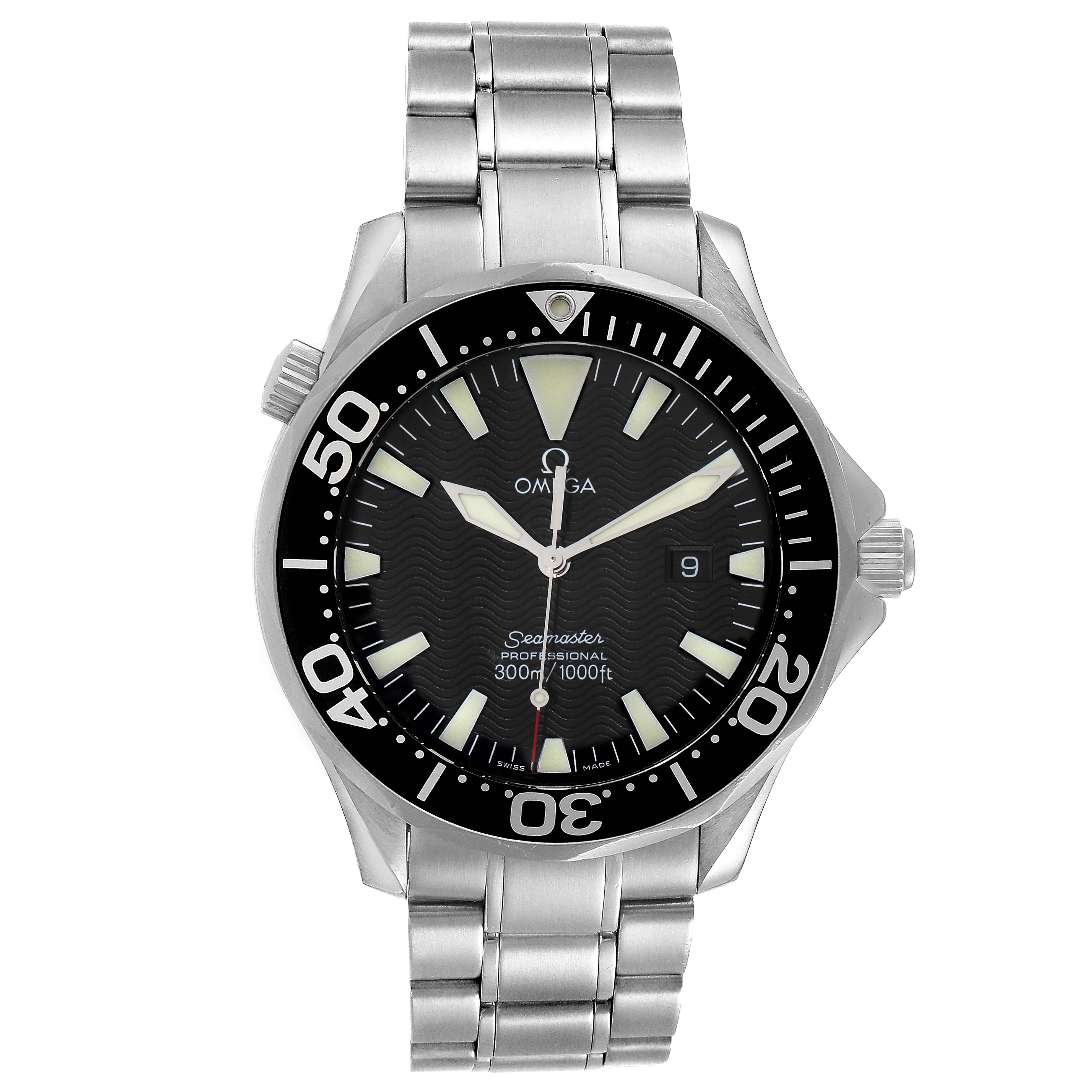 This image shows an Omega Seamaster 2264.50.00 Men
s Stainless Steel Black Dial 2264.50.00 Men
s Stainless Steel Black Dial watch from a front angle, highlighting its dial, bezel, and stainless steel bracelet.