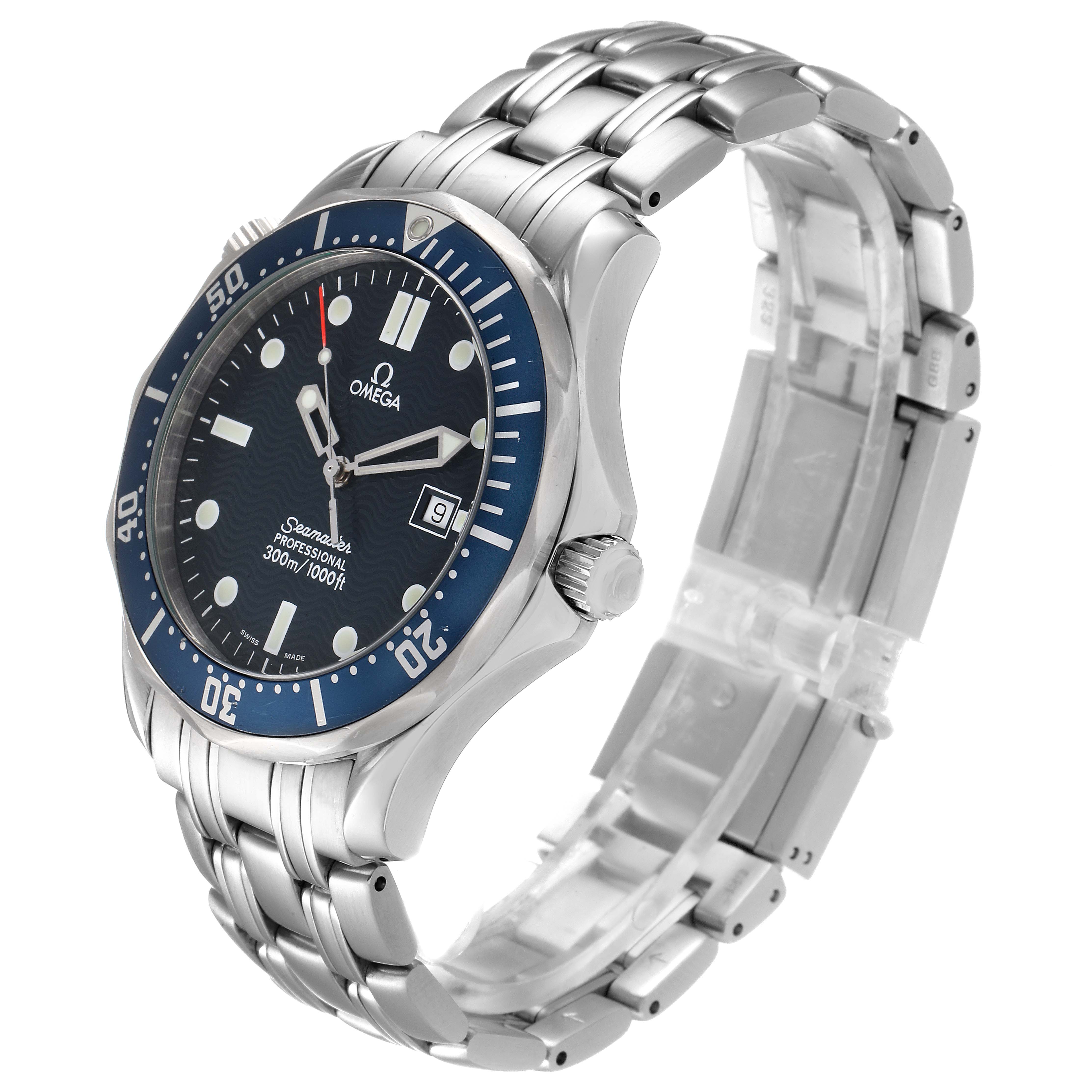 The image showcases an Omega Seamaster 2541.80.00 Men
s Stainless Steel Blue Dial 2541.80.00 Men
s Stainless Steel Blue Dial watch from a three-quarter angle, highlighting its face, bezel, crown, and steel bracelet.