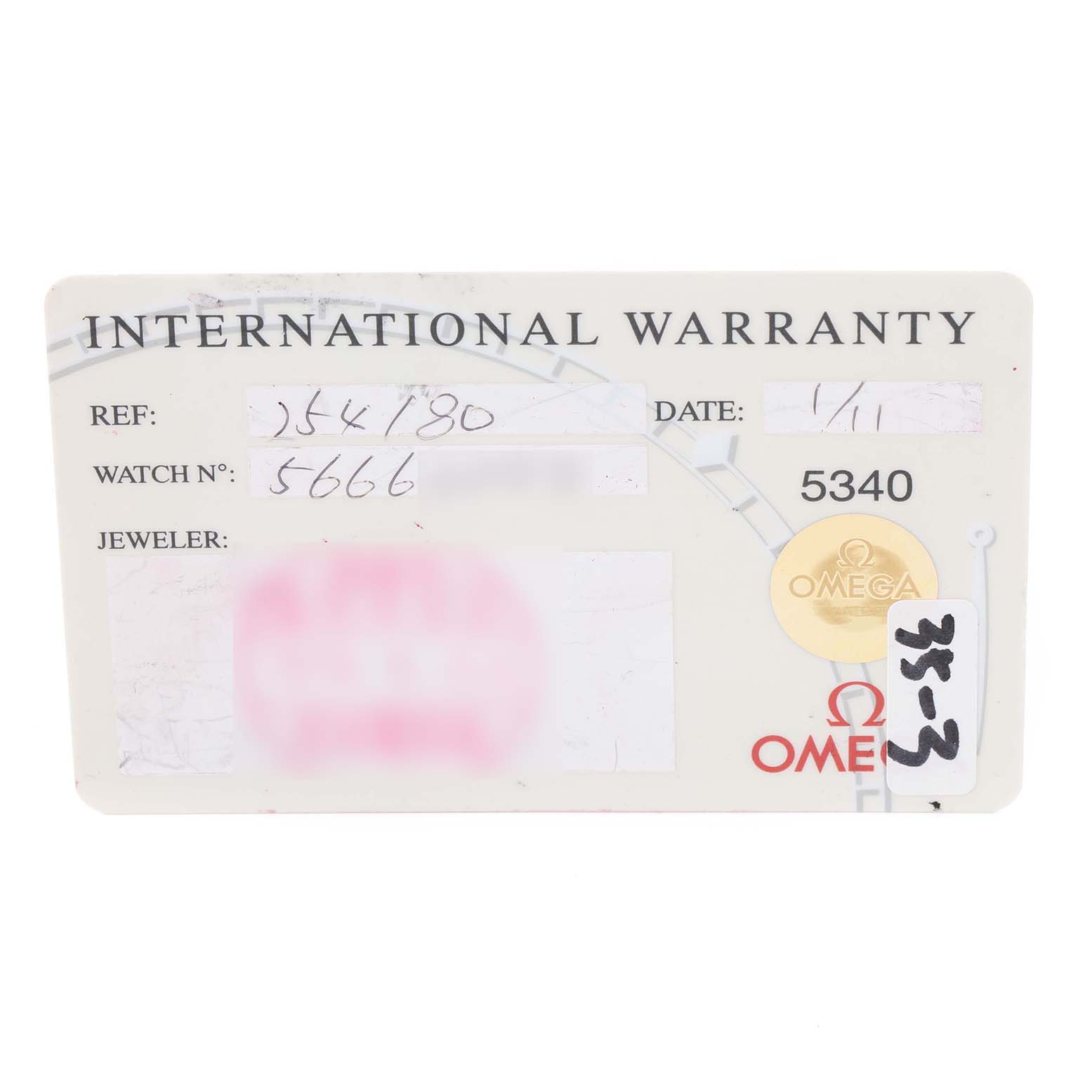 This is the international warranty card for an Omega Seamaster 2541.80.00 Men
s Stainless Steel Blue Dial 2541.80.00 Men
s Stainless Steel Blue Dial watch, showing details like the reference number and date.