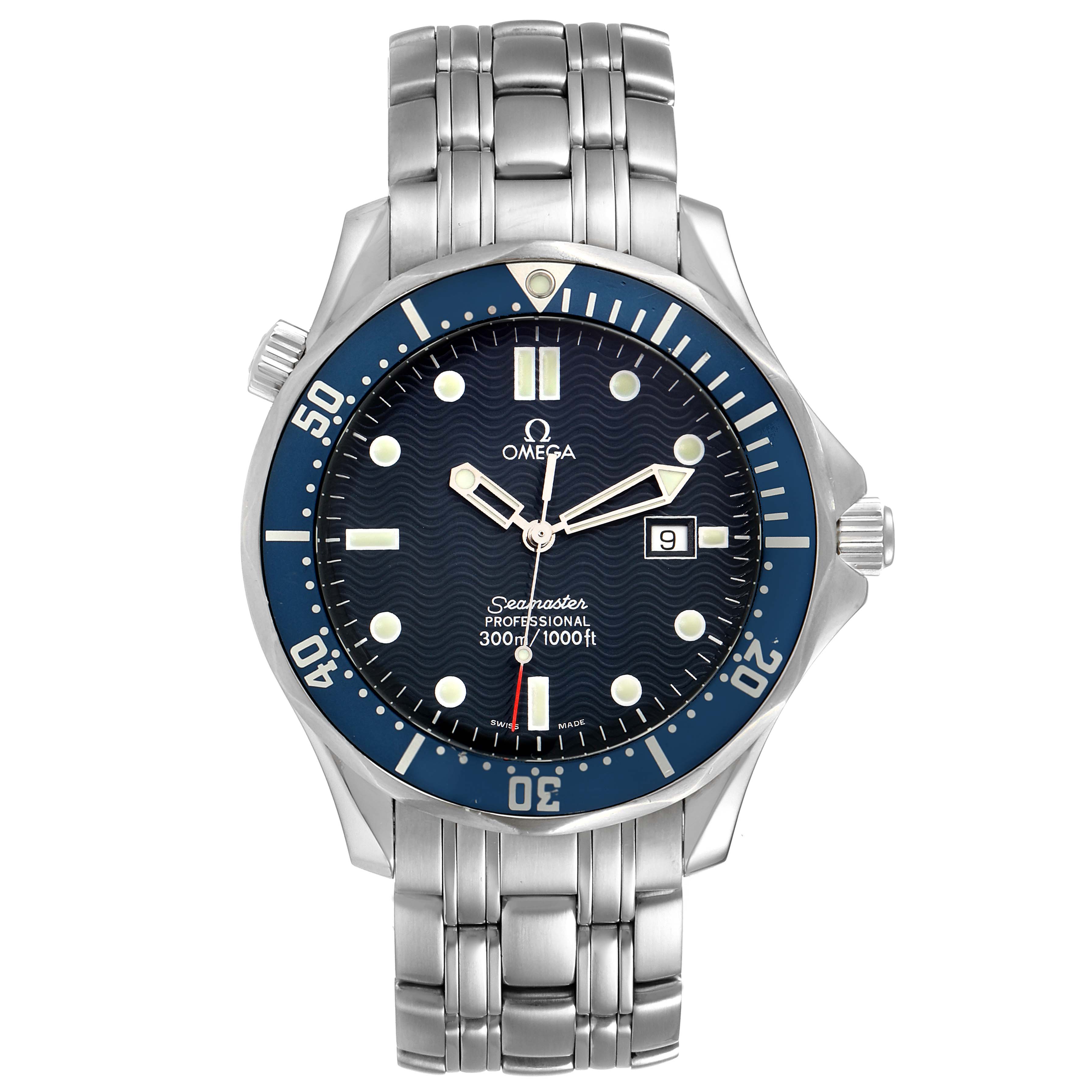 The image shows a front view of the Omega Seamaster 2541.80.00 Men
s Stainless Steel Blue Dial 2541.80.00 Men
s Stainless Steel Blue Dial watch, highlighting the dial, bezel, bracelet, and crown.