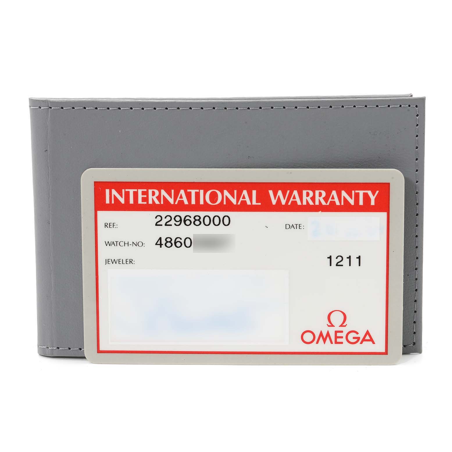 The image shows an Omega Seamaster 2296.80.00 Men
s Titanium Blue Dial 2296.80.00 Men
s Titanium Blue Dial international warranty card and a gray cardholder.