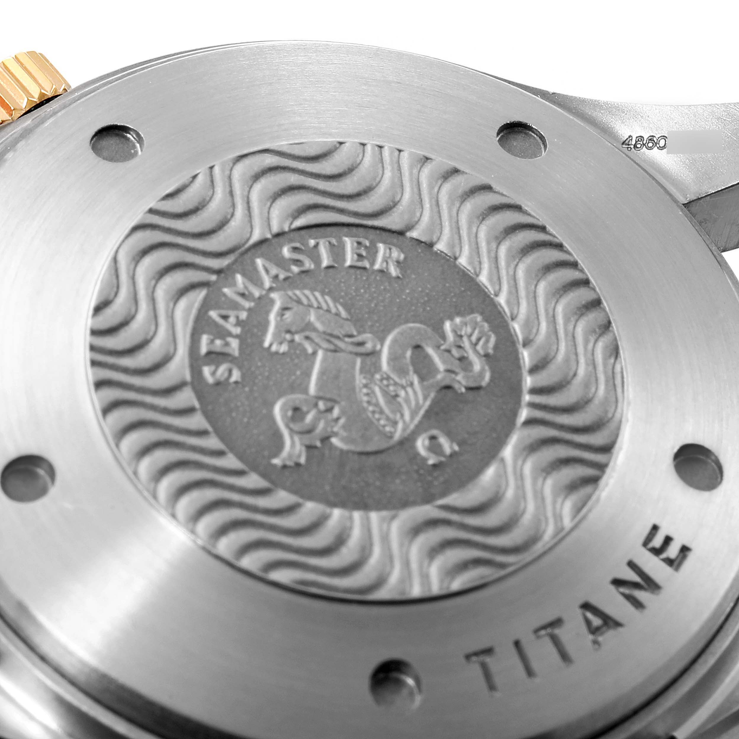 The image shows a close-up of the back case of an Omega Seamaster 2296.80.00 Men
s Titanium Blue Dial 2296.80.00 Men
s Titanium Blue Dial watch, featuring the brand logo and engraving.