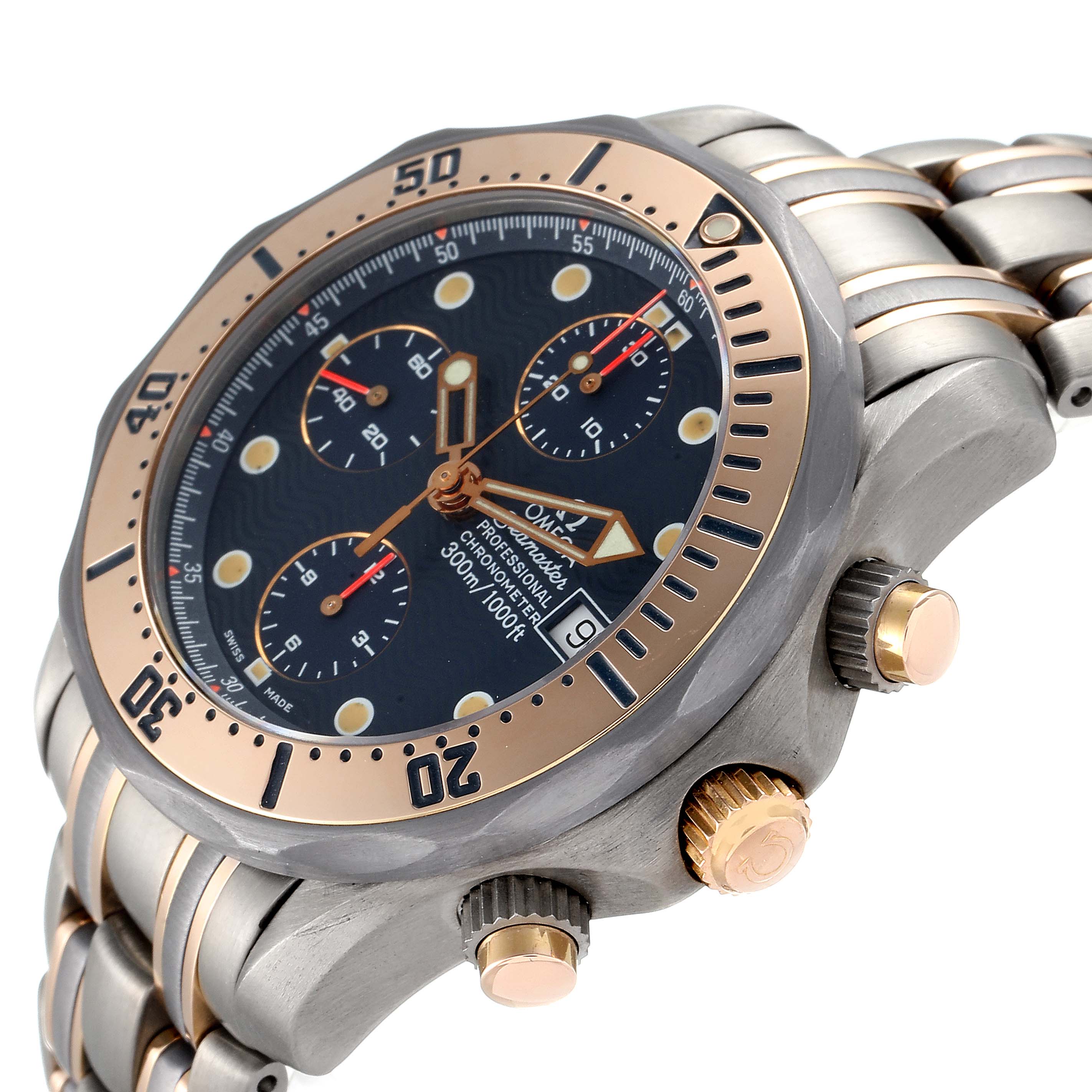 This image shows an Omega Seamaster 2296.80.00 Men
s Titanium Blue Dial 2296.80.00 Men
s Titanium Blue Dial watch at an angle, highlighting its bezel, crown, chronograph buttons, and bracelet.