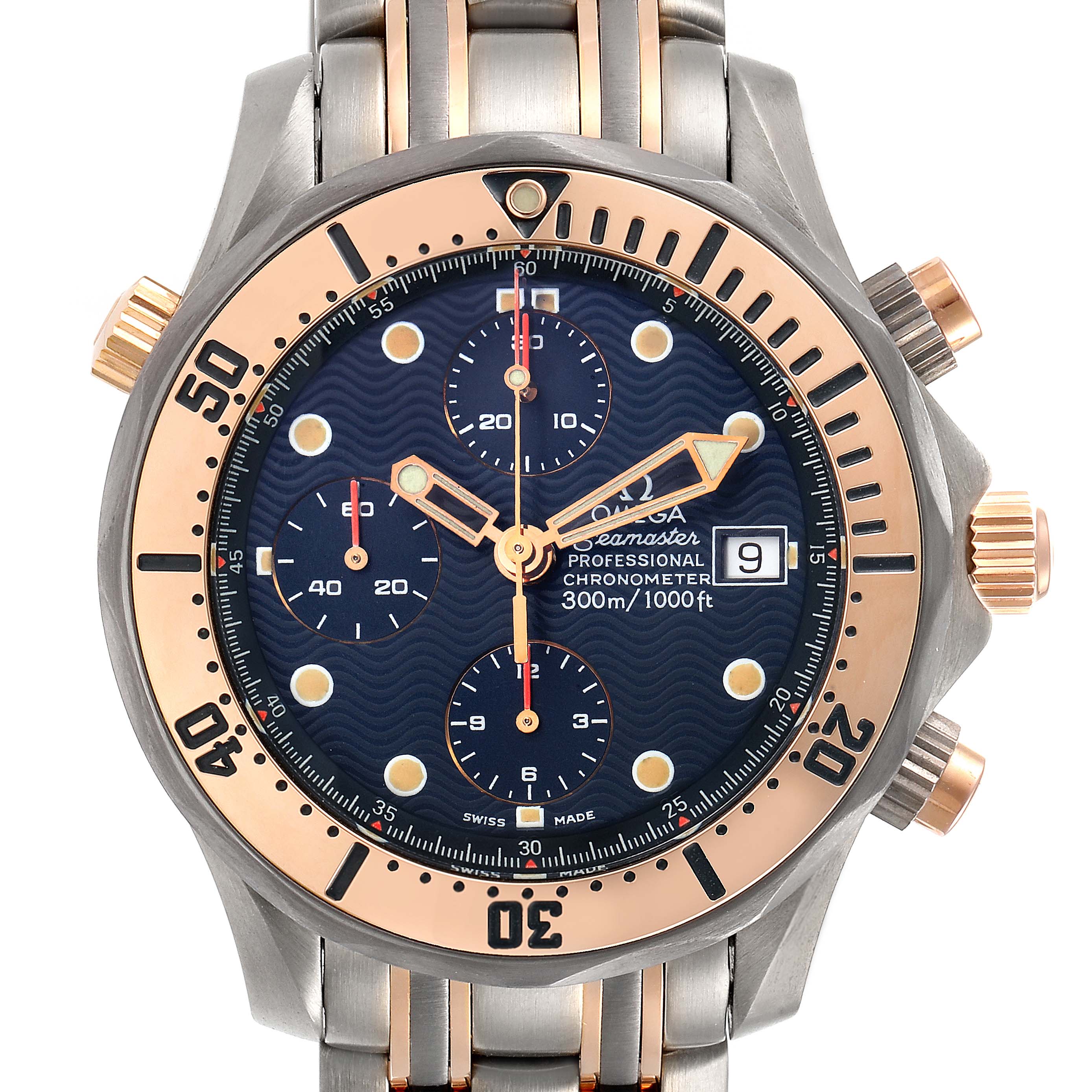 Front view of the Omega Seamaster 2296.80.00 Men
s Titanium Blue Dial 2296.80.00 Men
s Titanium Blue Dial watch showing the dial, hands, date window, and chronograph sub-dials.