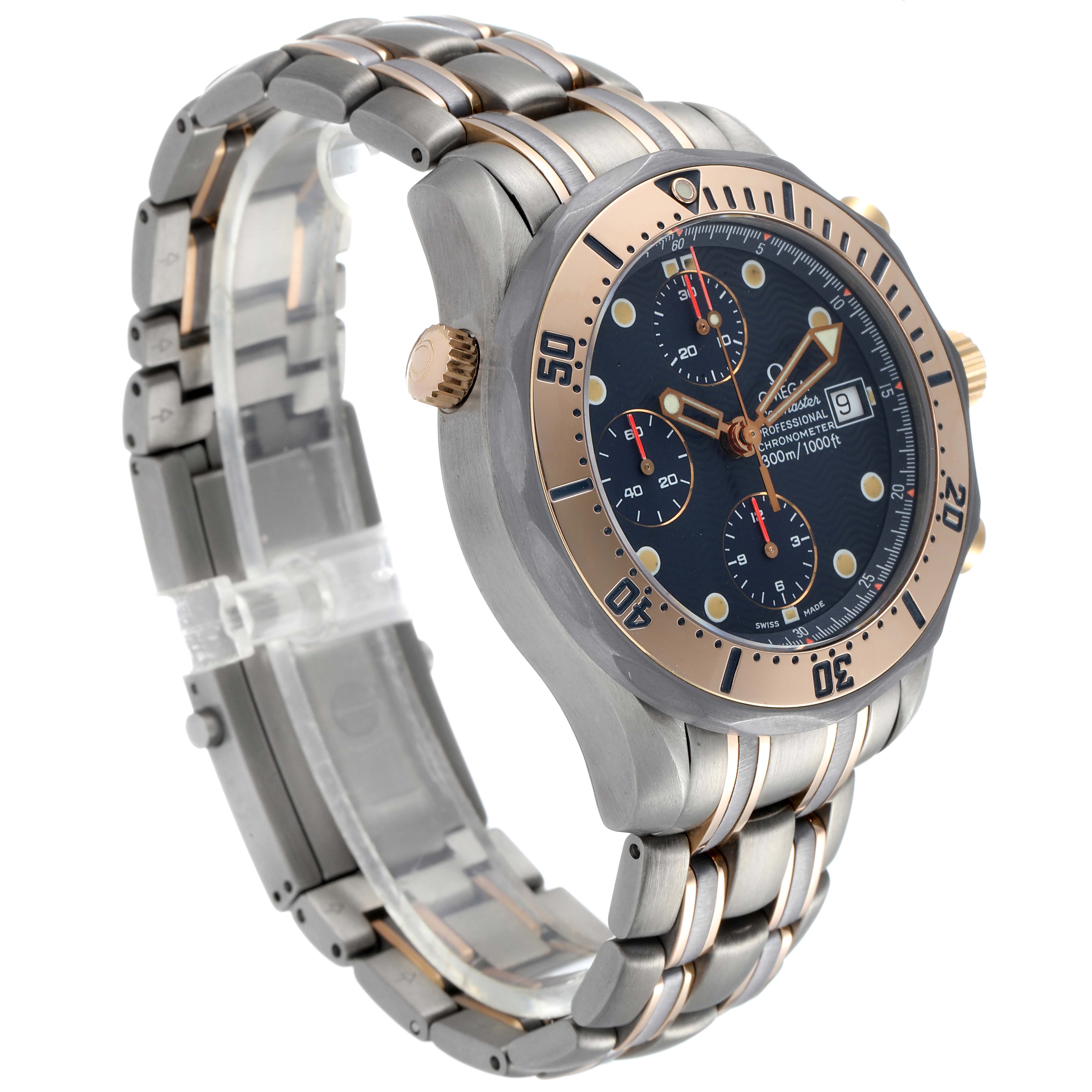 The image shows a side angle of the Omega Seamaster 2296.80.00 Men
s Titanium Blue Dial 2296.80.00 Men
s Titanium Blue Dial watch, displaying the face, bezel, crown, and metal bracelet.
