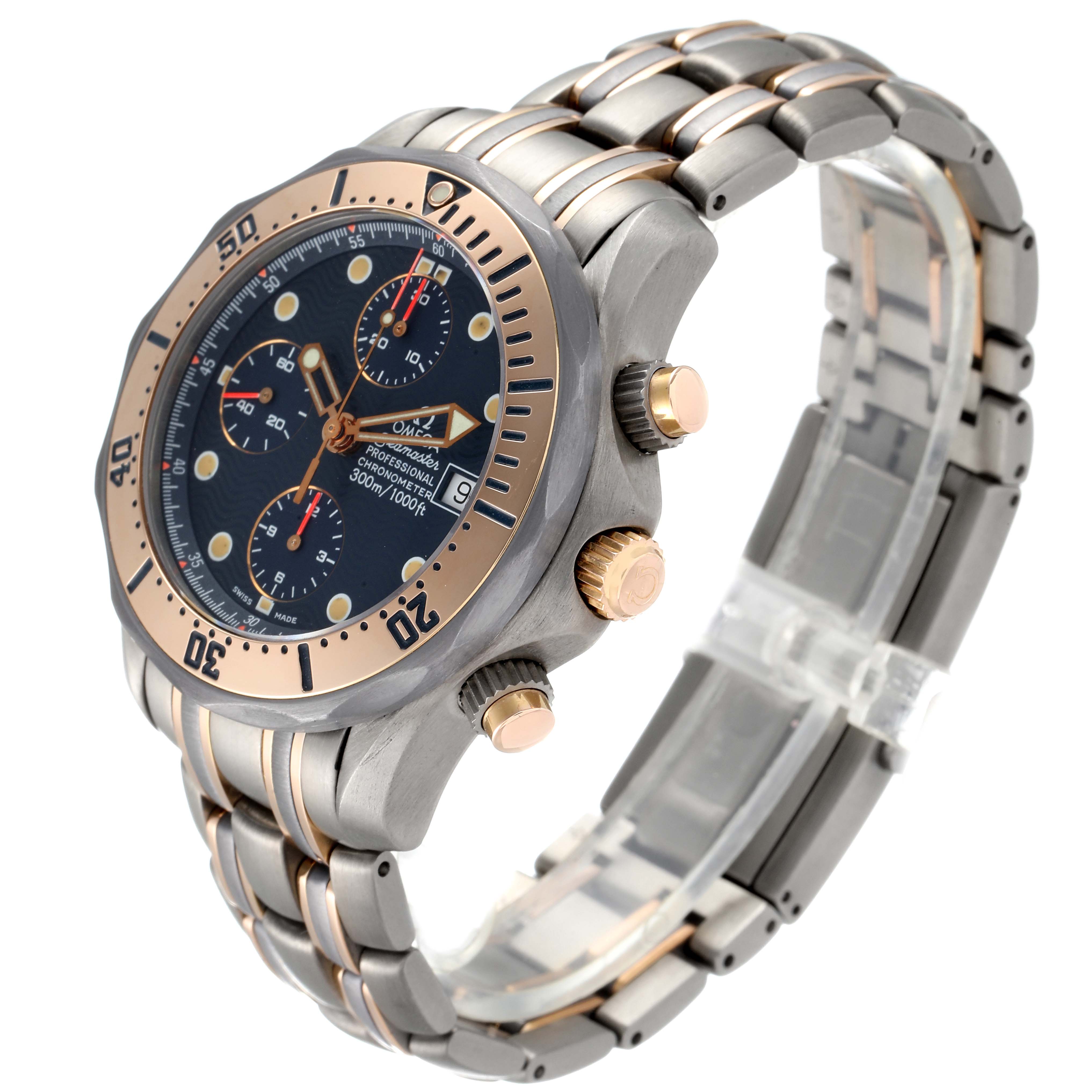 The Omega Seamaster 2296.80.00 Men
s Titanium Blue Dial 2296.80.00 Men
s Titanium Blue Dial watch is shown at a three-quarter angle featuring its face, bezel, side buttons, and metal bracelet.