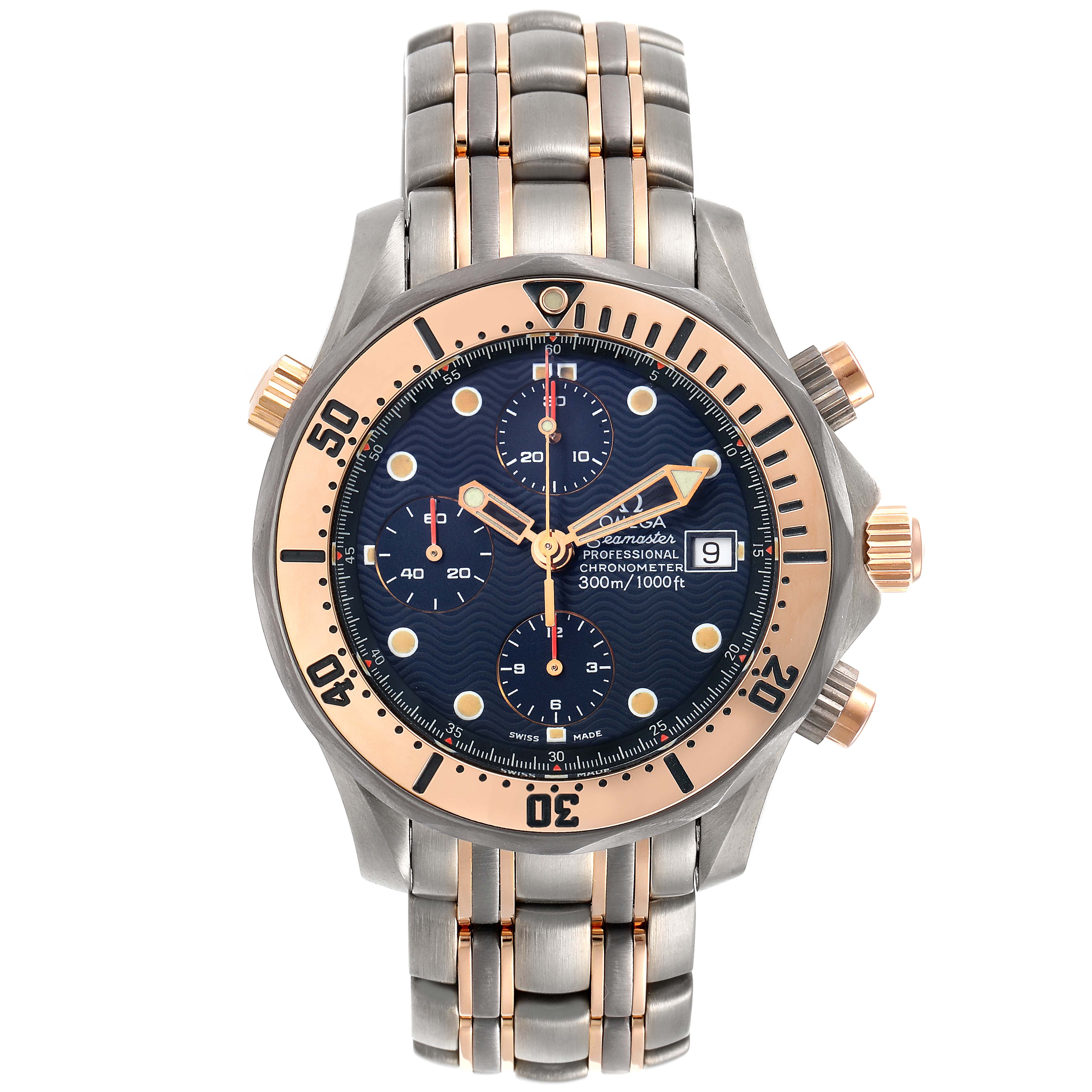 The Omega Seamaster 2296.80.00 Men
s Titanium Blue Dial 2296.80.00 Men
s Titanium Blue Dial watch is shown from a top-down angle, displaying its face, bezel, crown, and bracelet.