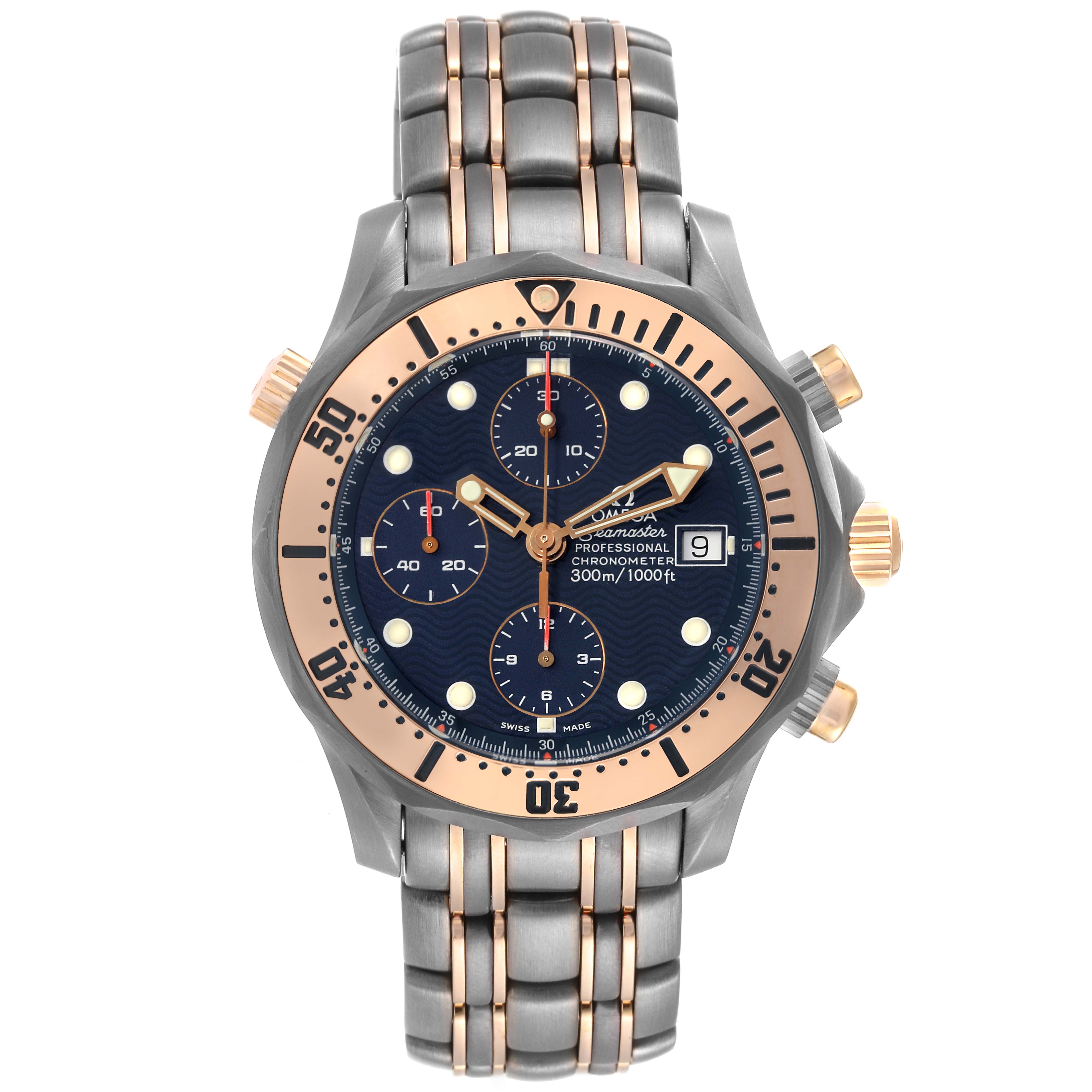 The image shows a front view of an Omega Seamaster 2296.80.00 Men's Titanium Blue Dial 2296.80.00 Men's Titanium Blue Dial watch, highlighting its bezel, dial, chronograph subdials, bracelet, and crown.