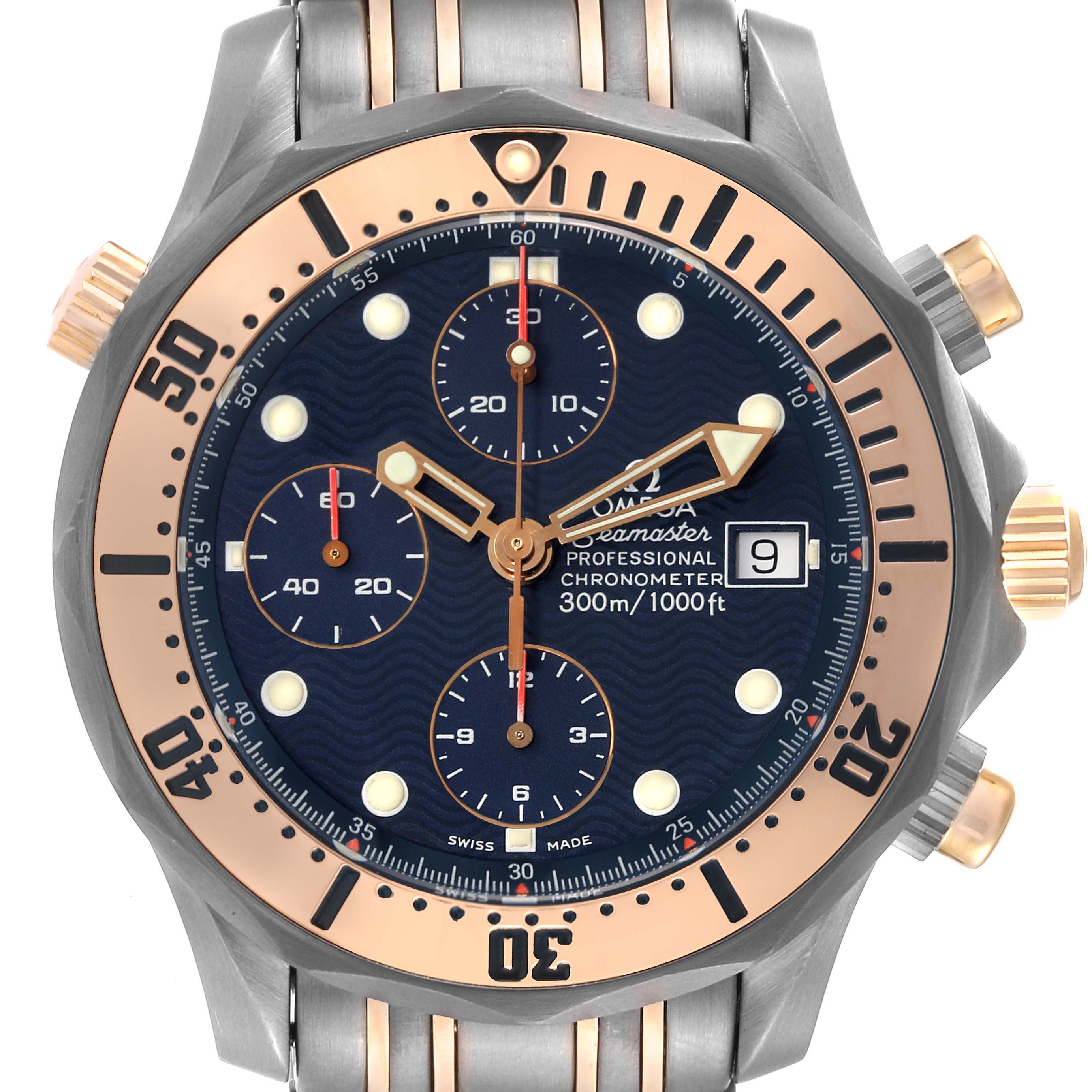 The Omega Seamaster 2296.80.00 Men's Titanium Blue Dial 2296.80.00 Men's Titanium Blue Dial model watch is shown from a frontal angle, displaying the face, bezel, crown, and chronograph subdials.