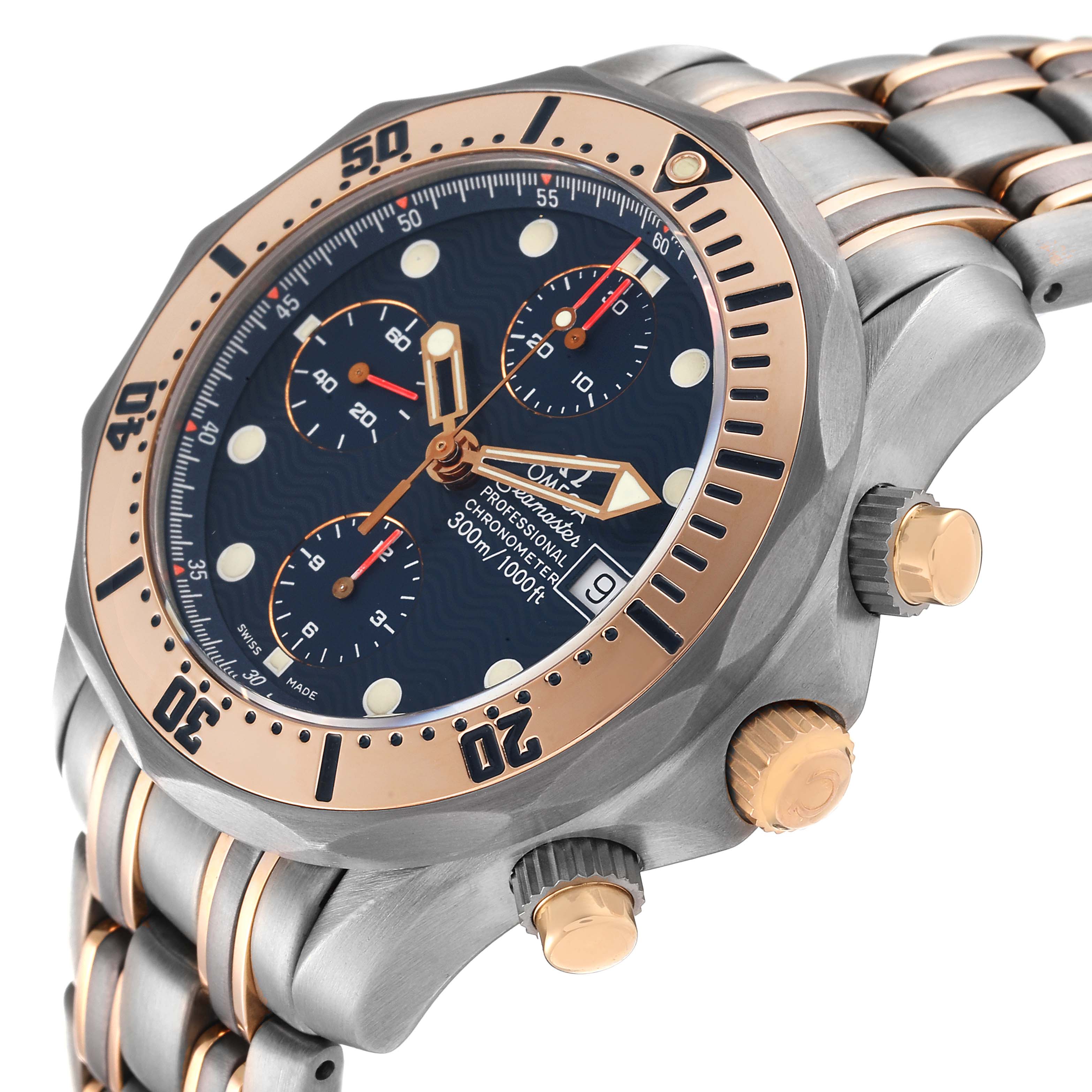 The image shows an angled view of the Omega Seamaster 2296.80.00 Men's Titanium Blue Dial 2296.80.00 Men's Titanium Blue Dial watch, highlighting the bezel, crown, subdials, and part of the bracelet.