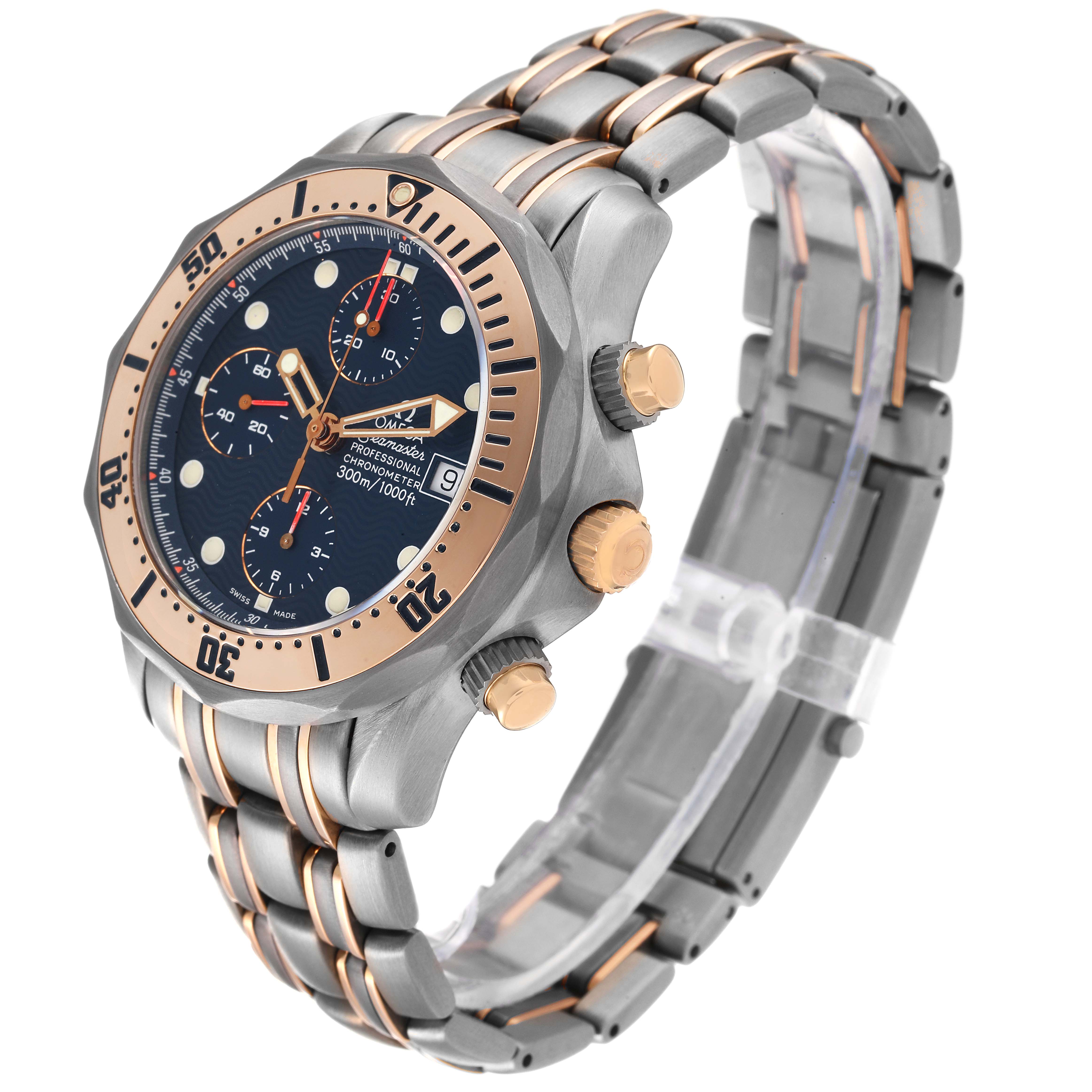 The Omega Seamaster 2296.80.00 Men's Titanium Blue Dial 2296.80.00 Men's Titanium Blue Dial watch is shown at a three-quarter angle displaying the face, bezel, crown, pushers, and part of the bracelet.