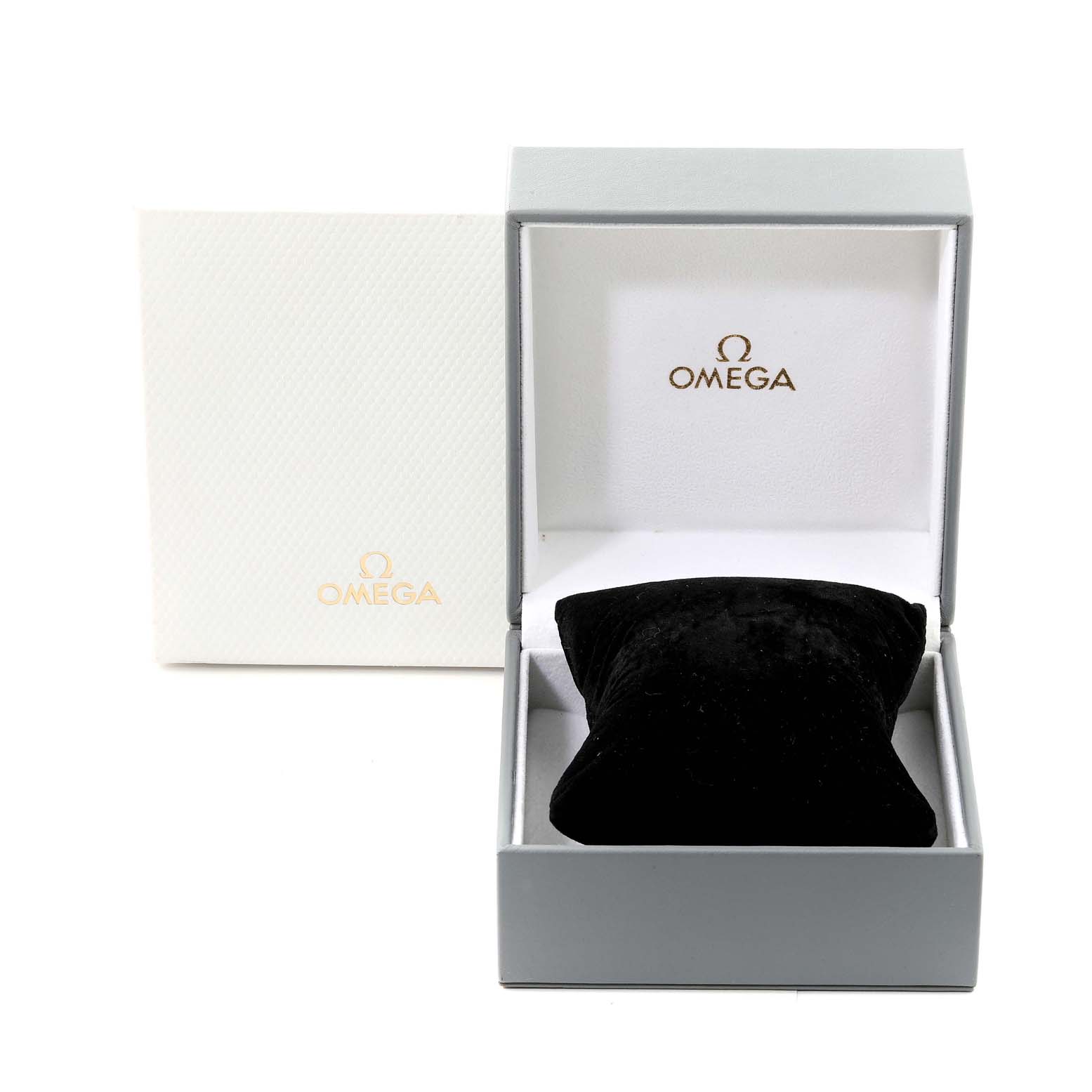 The image shows the packaging for an Omega Seamaster 2296.80.00 Men's Titanium Blue Dial 2296.80.00 Men's Titanium Blue Dial watch, including a box and a cushion.