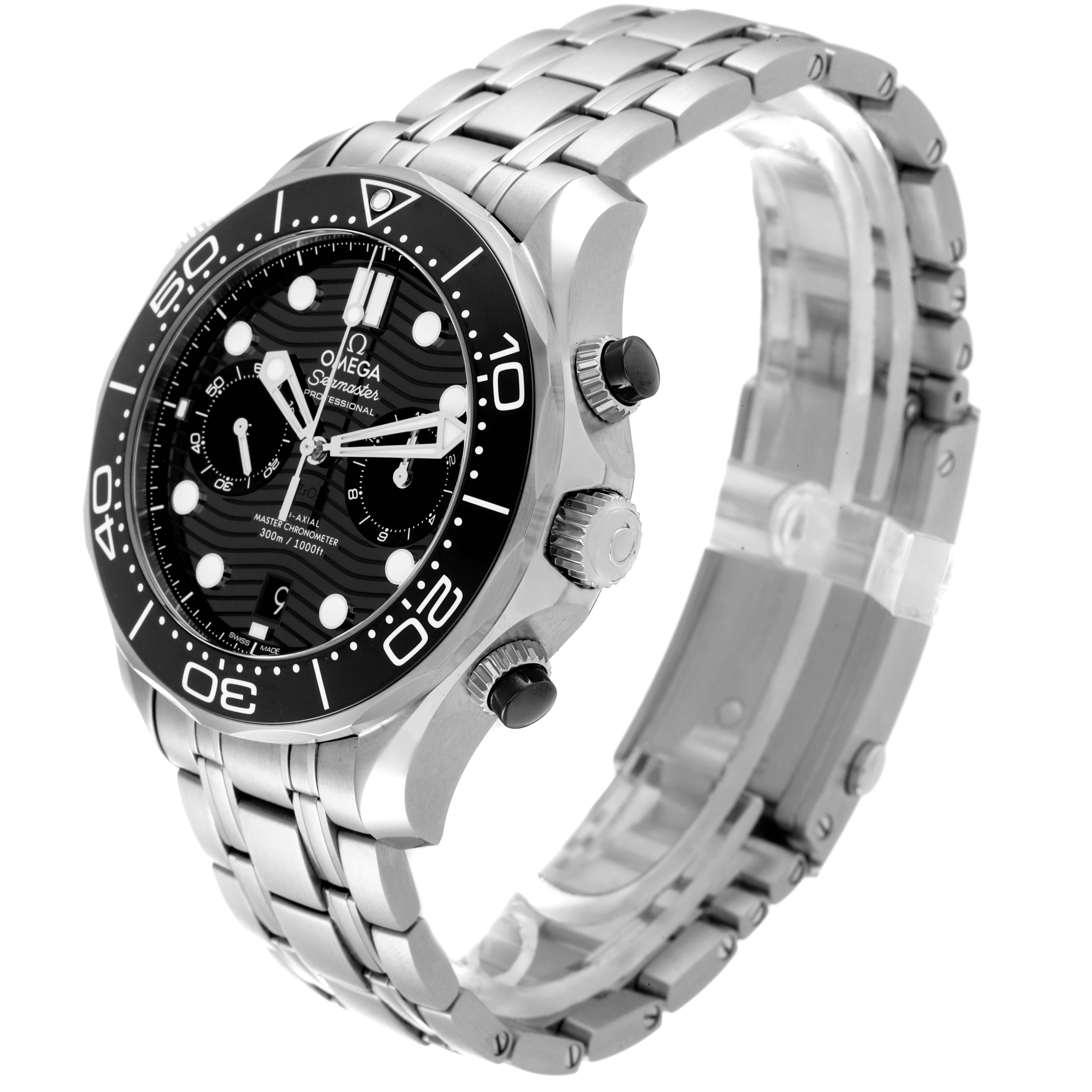 The Omega Seamaster 210.30.44.51.01.001 Men's Stainless Steel Black Dial 210.30.44.51.01.001 Men's Stainless Steel Black Dial watch is angled to show the face, bezel, crown, and stainless steel bracelet.