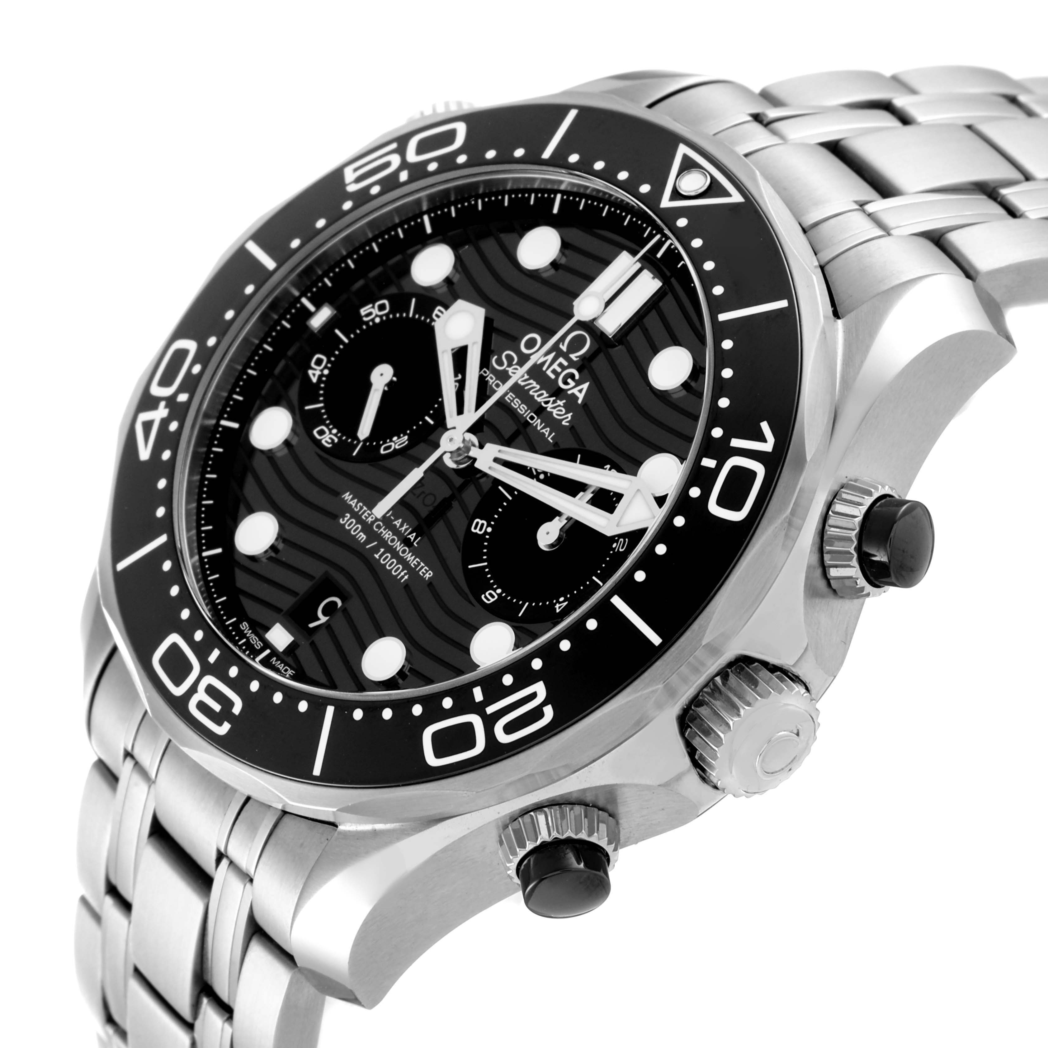 The image shows an angled close-up of the Omega Seamaster 210.30.44.51.01.001 Men's Stainless Steel Black Dial 210.30.44.51.01.001 Men's Stainless Steel Black Dial watch, displaying the face, bezel, crown, and a portion of the bracelet.