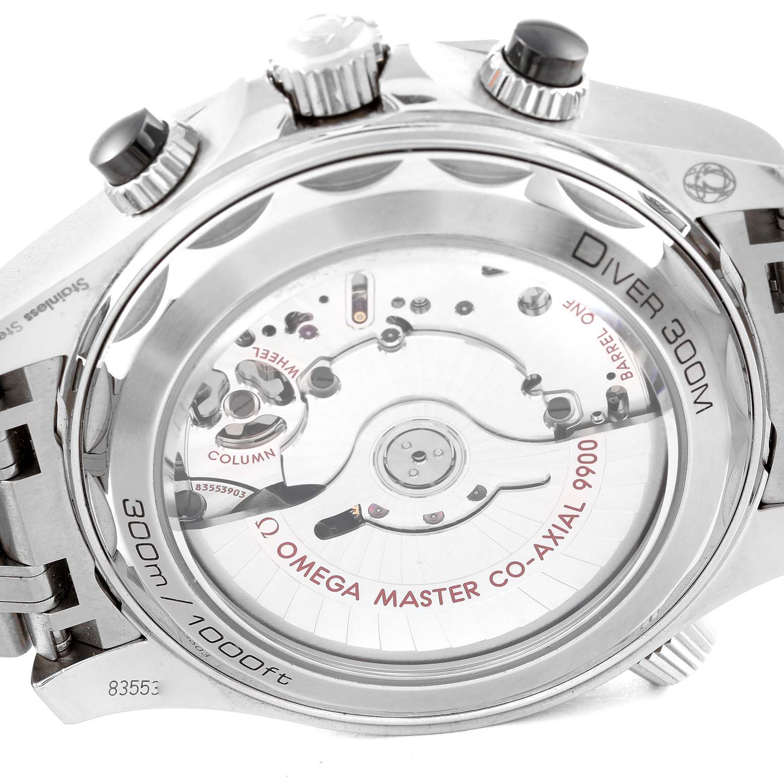 The image shows the back of the Omega Seamaster 210.30.44.51.01.001 Men's Stainless Steel Black Dial 210.30.44.51.01.001 Men's Stainless Steel Black Dial Diver 300M watch, highlighting its Co-Axial movement.