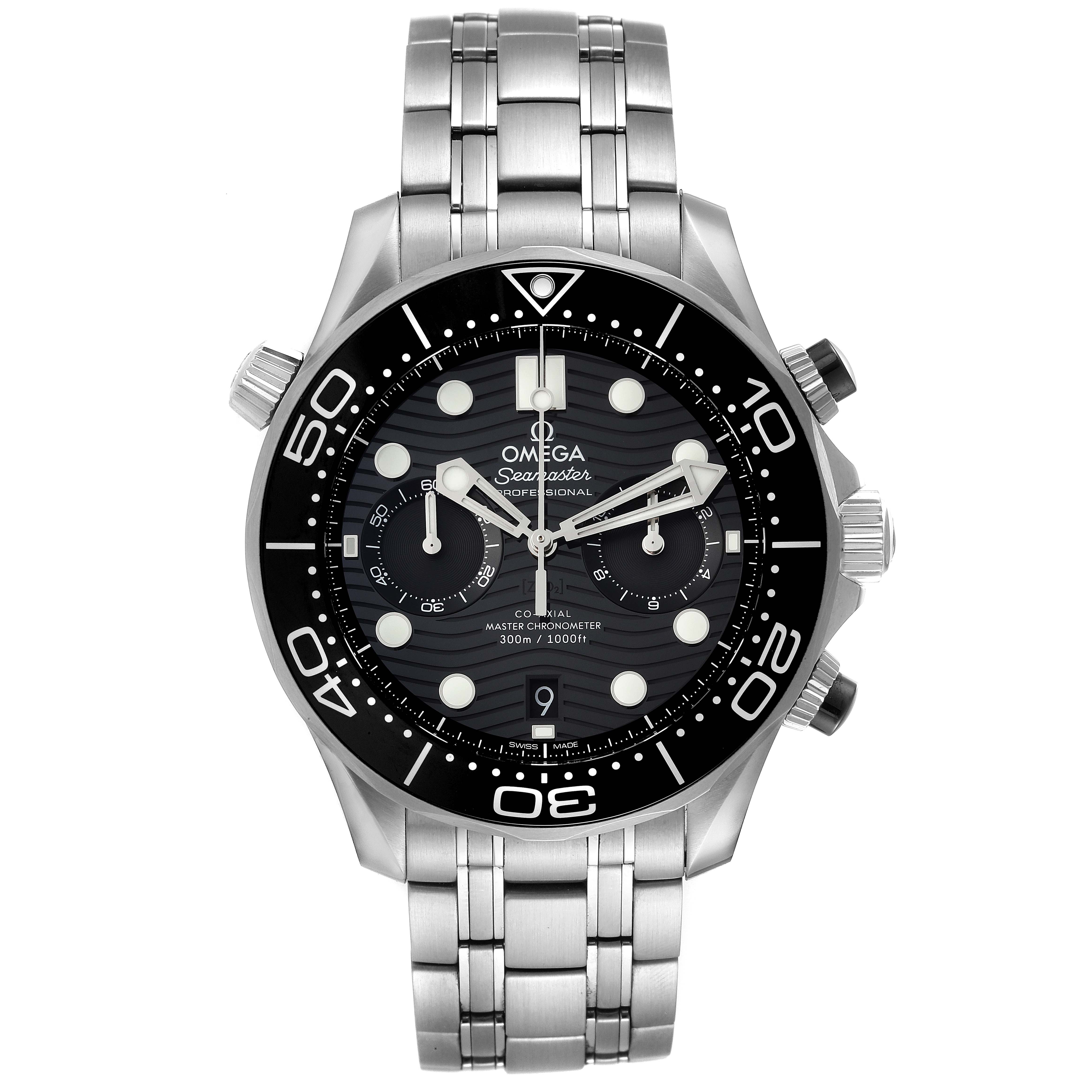 This image shows a front view of an Omega Seamaster 210.30.44.51.01.001 Men's Stainless Steel Black Dial 210.30.44.51.01.001 Men's Stainless Steel Black Dial watch, highlighting its dial, bezel, and stainless steel bracelet.